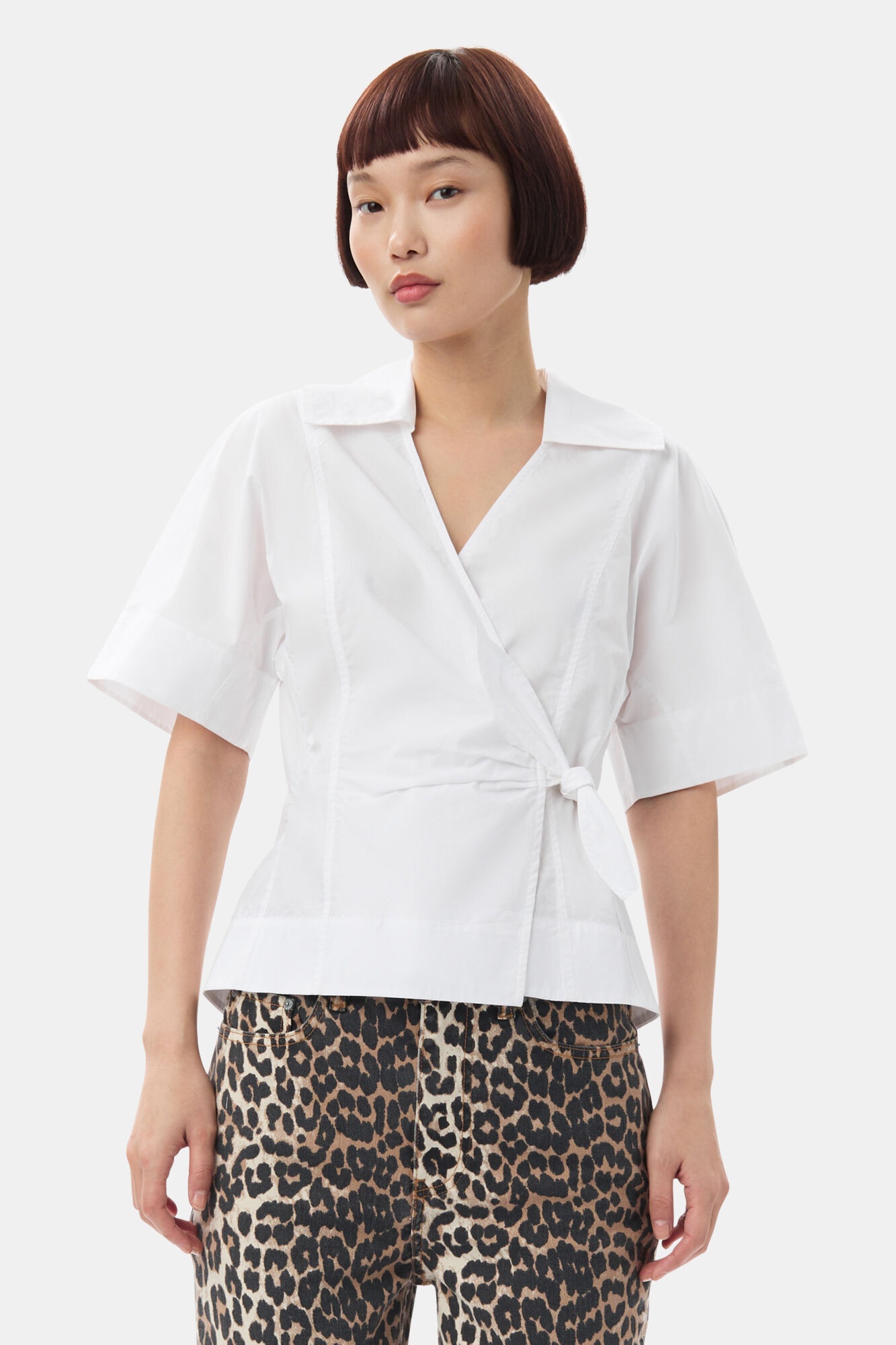 WHITE COTTON POPLIN WRAP BLOUSE - 2