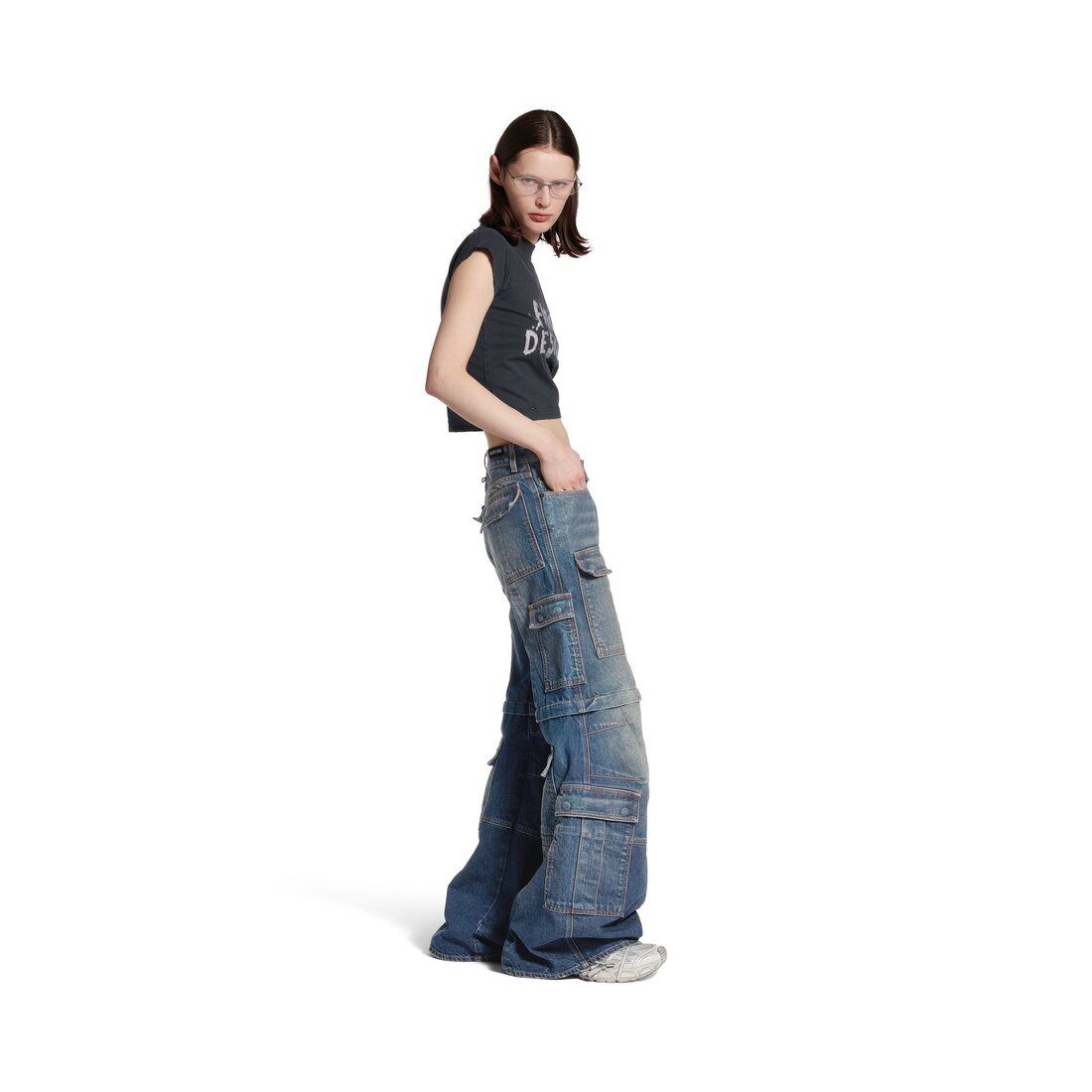 Women's Flared Cargo Pants in Dark Blue - 3