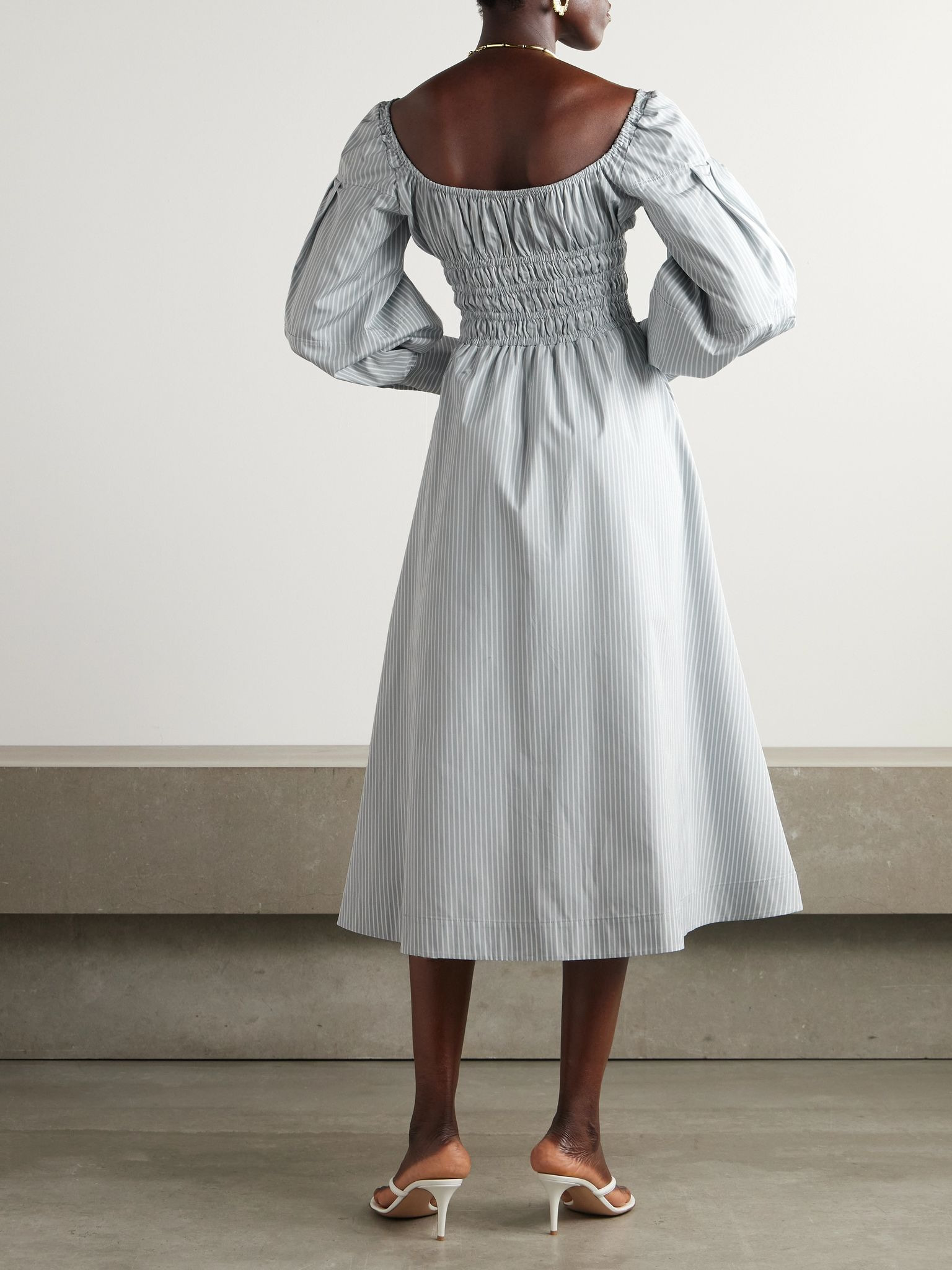 Josie shirred striped cotton-poplin midi dress Light blue - 3