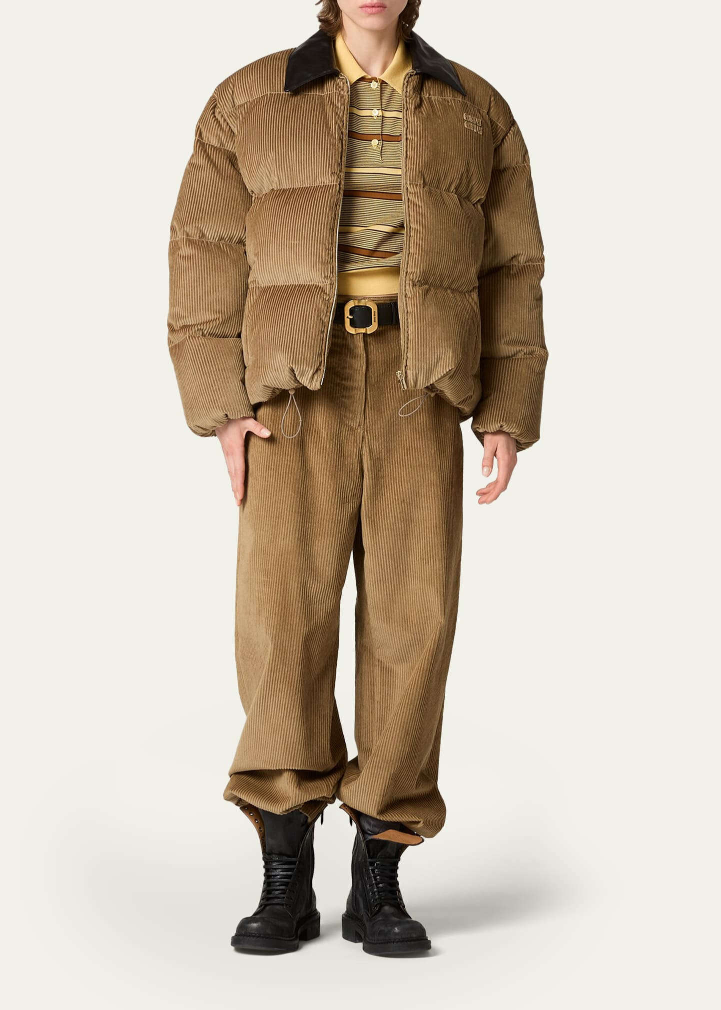 Leather-Collar Corduroy Puffer Jacket - 2