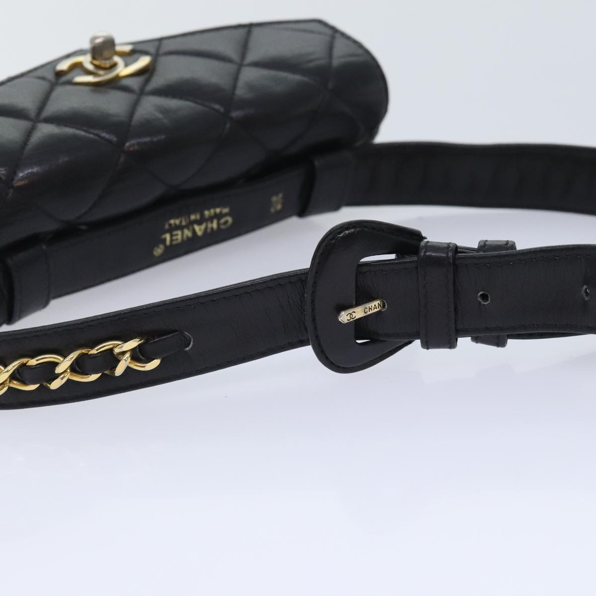 CHANEL Matelasse Waist Bag Lamb Skin Black Gold CC - 7