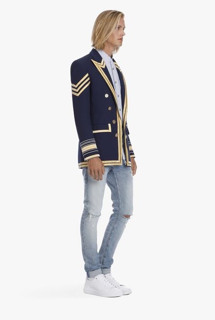 Navy blue embroidered blazer with double-breasted buttoned fastening - 7