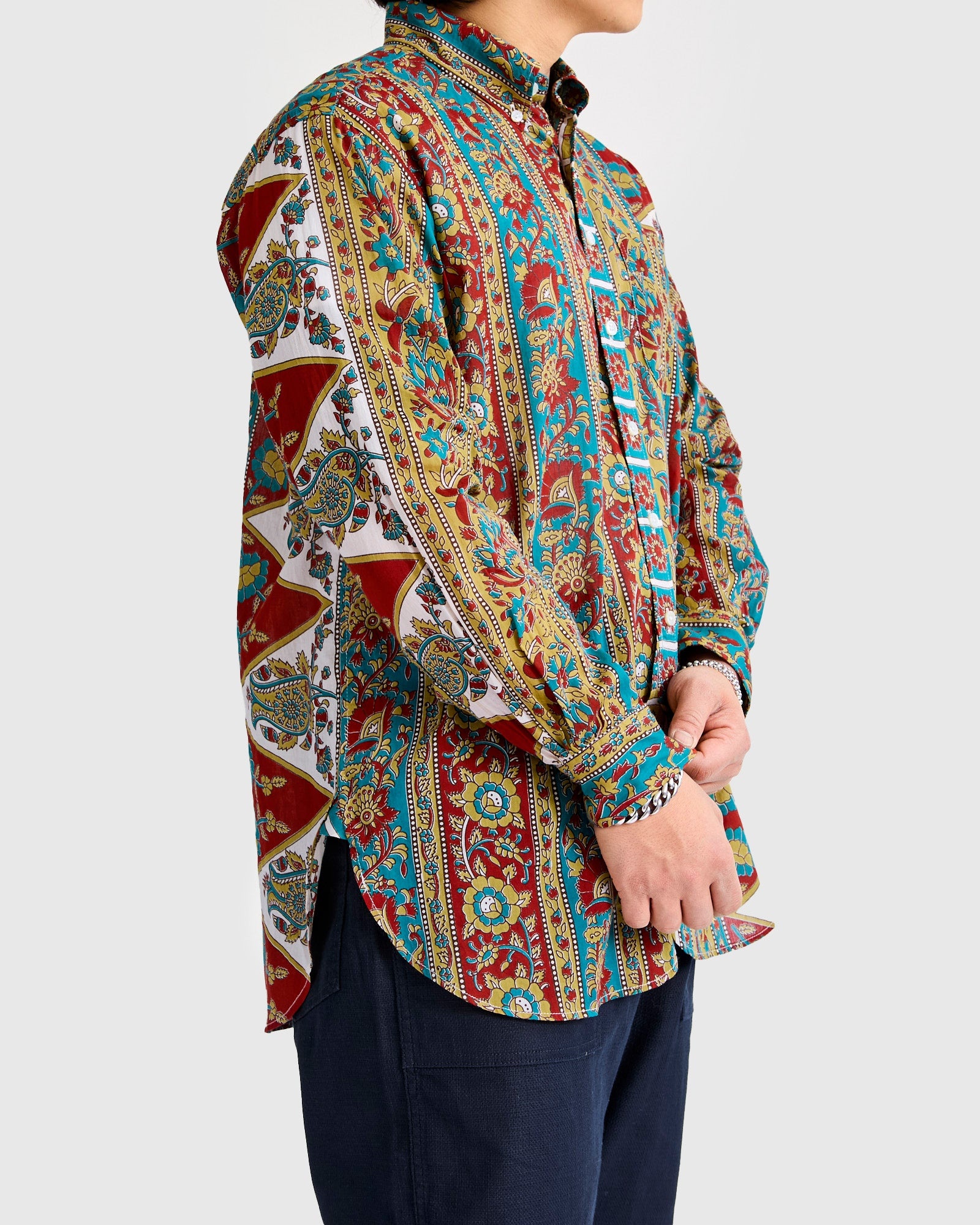 19th Century Button-Down Shirt in Jade Khaki Floral Stripe - 3