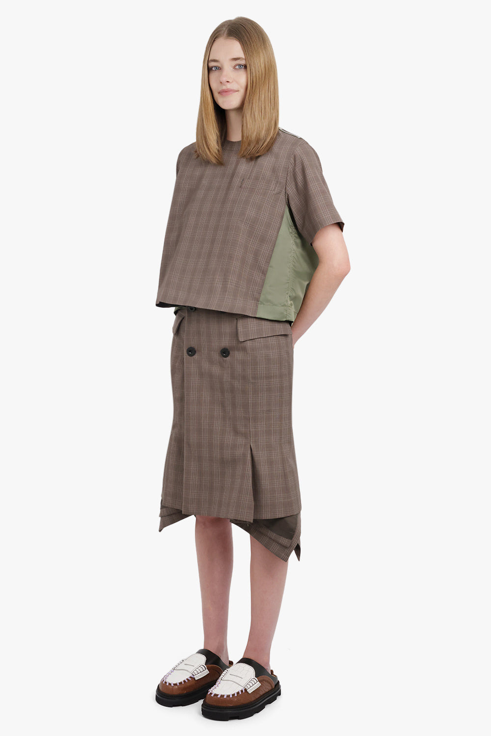 ASYMMETRIC FLARED HEM CHECK MIDI SKIRT WITH BUTTON DETAIL | BROWN - 3