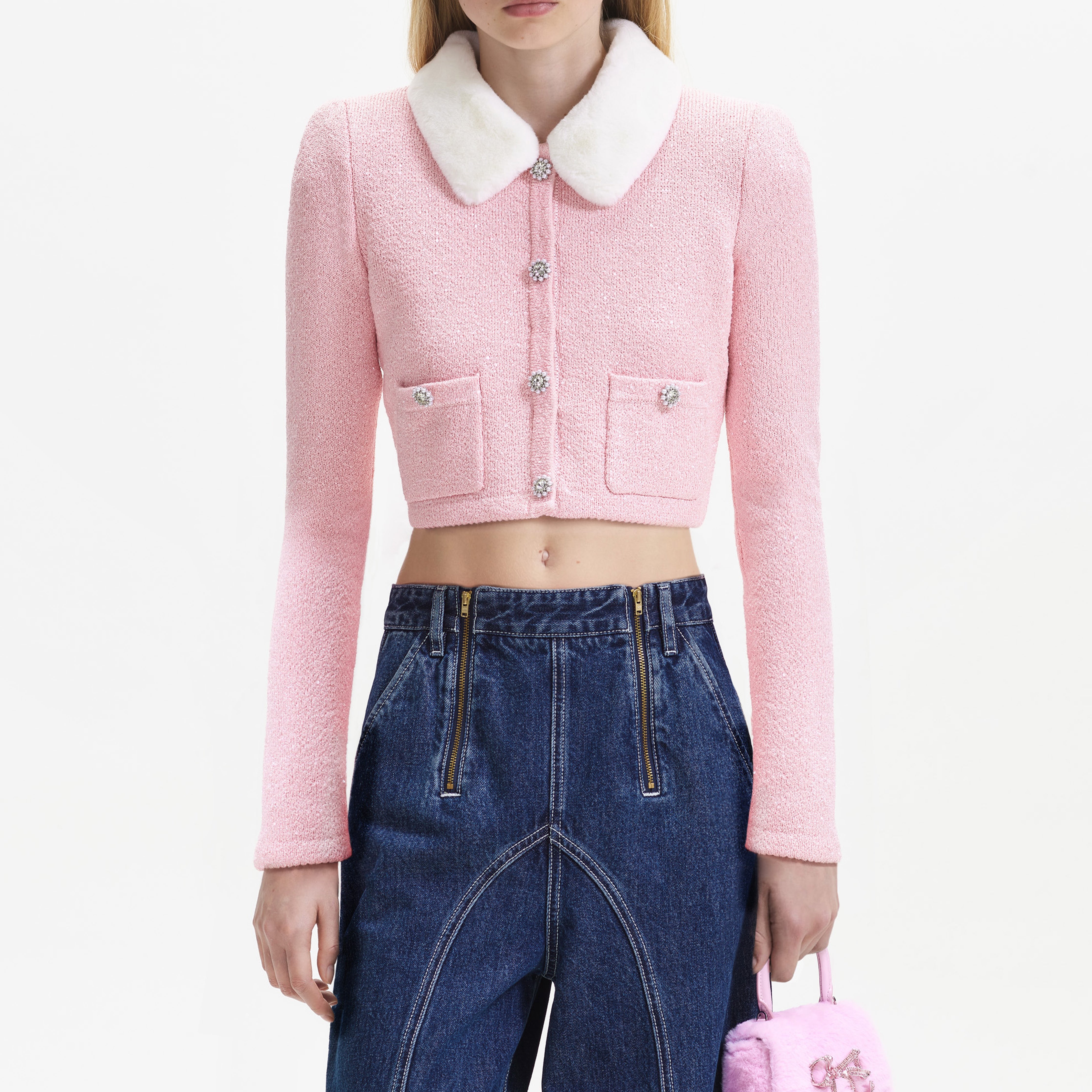 Pink Faux Fur Collar Cardigan - 4