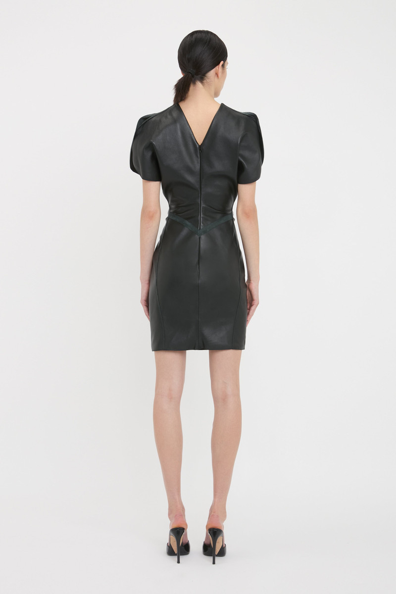 Victoria Beckham Gathered Waist Mini Dress In Soft Black Leather -  1125LDR006247A-BLACK-4 | REVERSIBLE