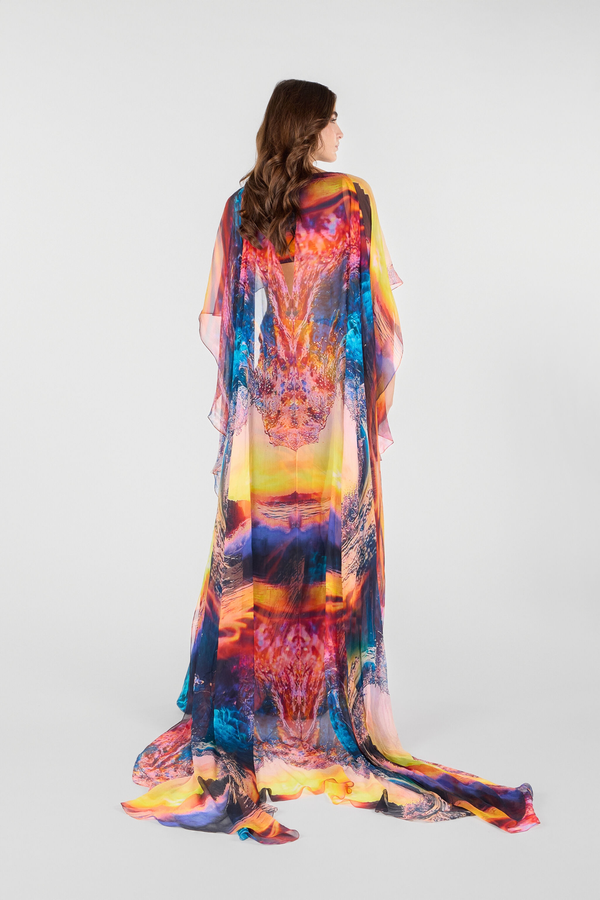 Itaca Print Long Dress with Cape - 4
