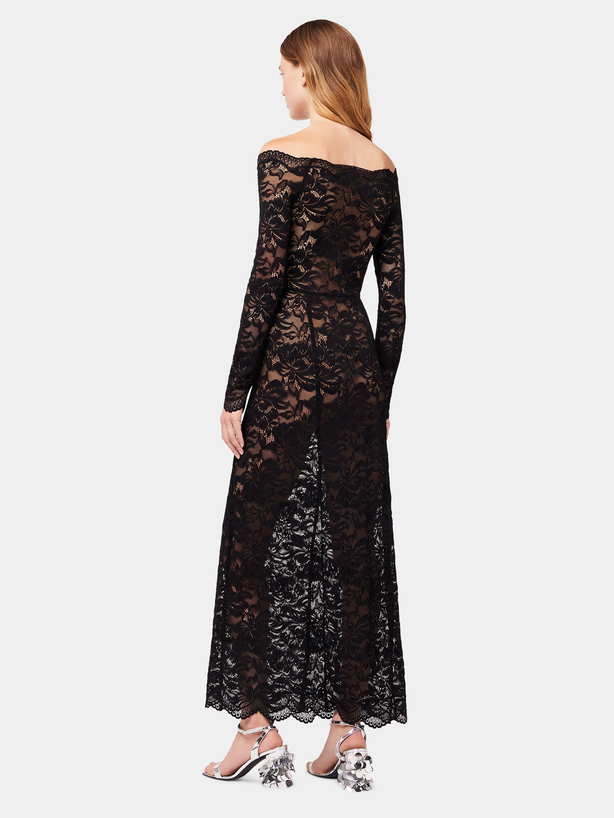 LONG BLACK LACE DRESS WITH BARDOT COLLAR - 3