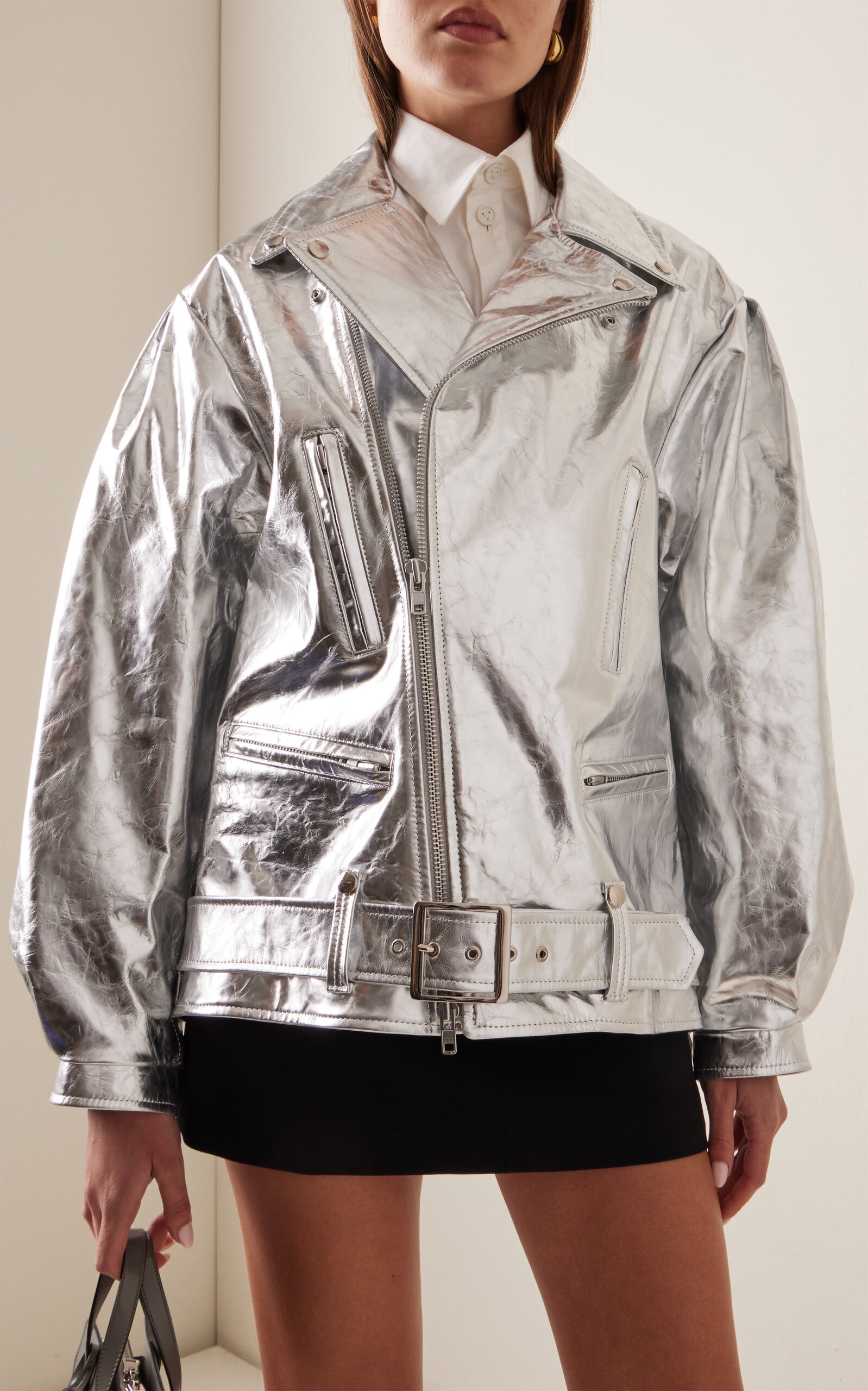 Puff-Sleeve Metallic Leather Biker Jacket silver - 2