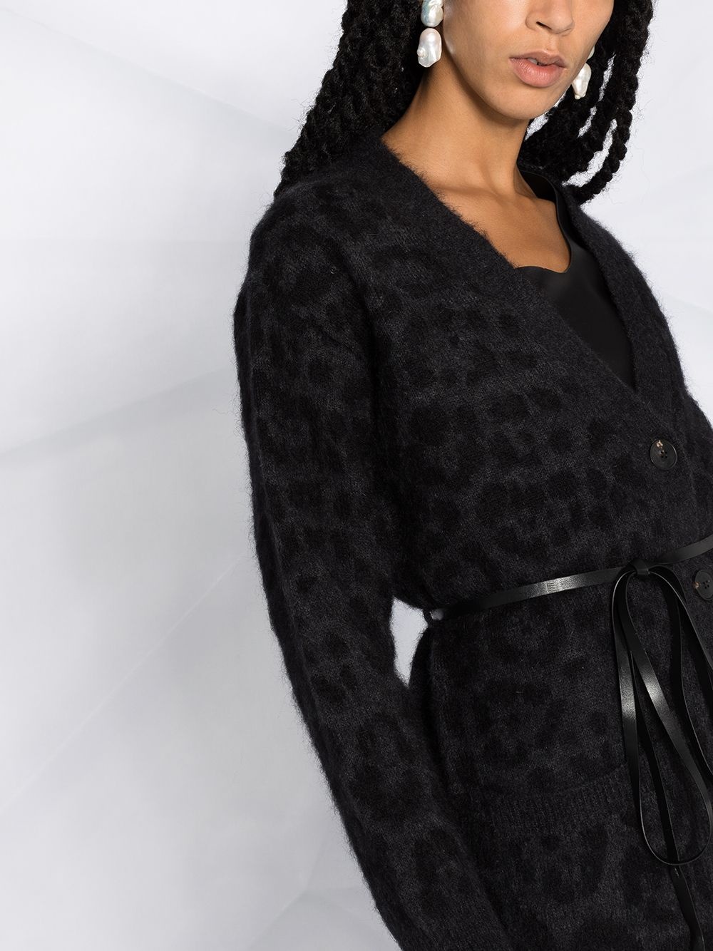 leopard pattern belted V-neck cardigan - 3