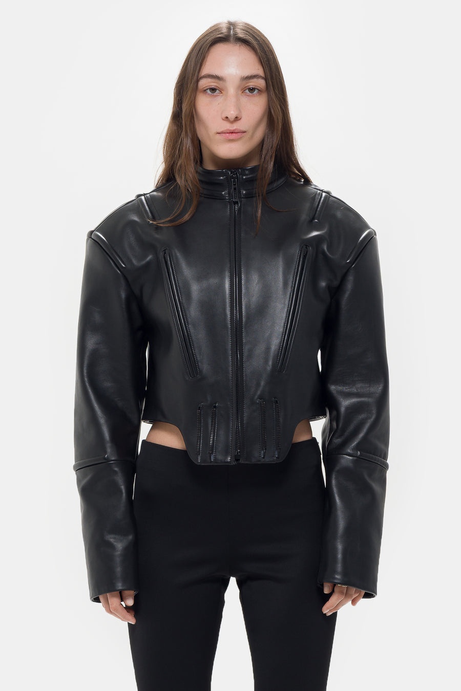 Hippolyta Guarded Leather Biker Jacket in Black - 4