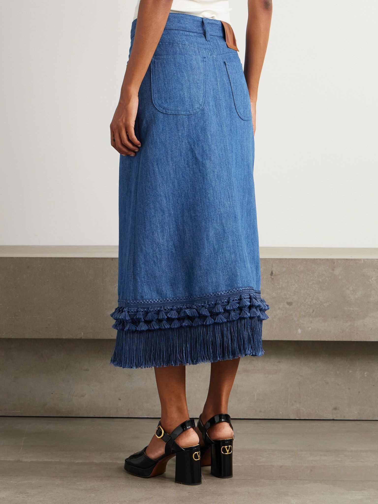 Tasseled fringed denim midi skirt Navy - 4