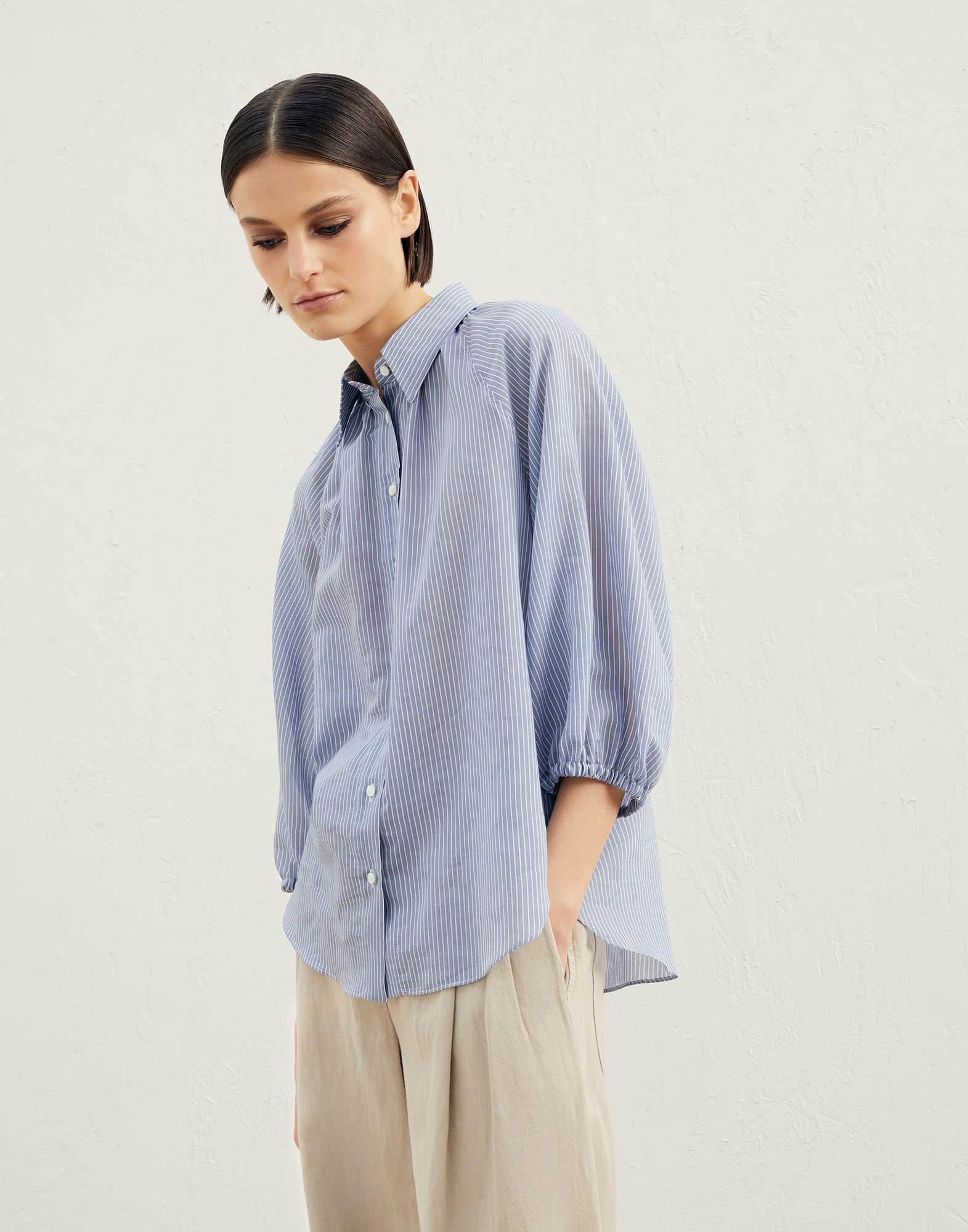 Cotton and silk shadow stripe organza shirt with monili - 1