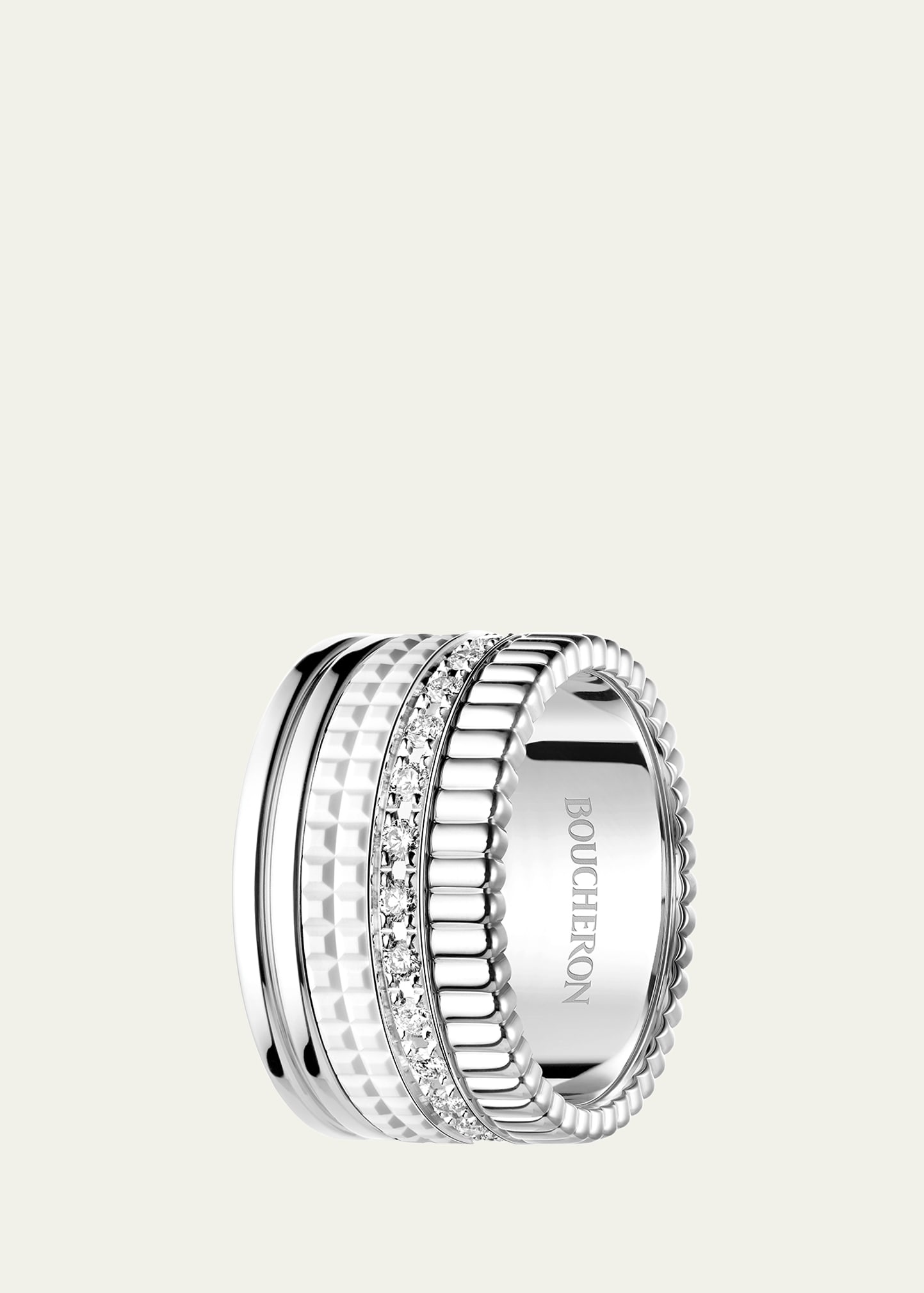 18K White Gold Large Quatre Double Ring with White HyCeram and Diamonds - 2