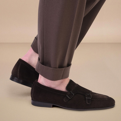 Santoni Men's dark brown suede double-buckle loafer outlook