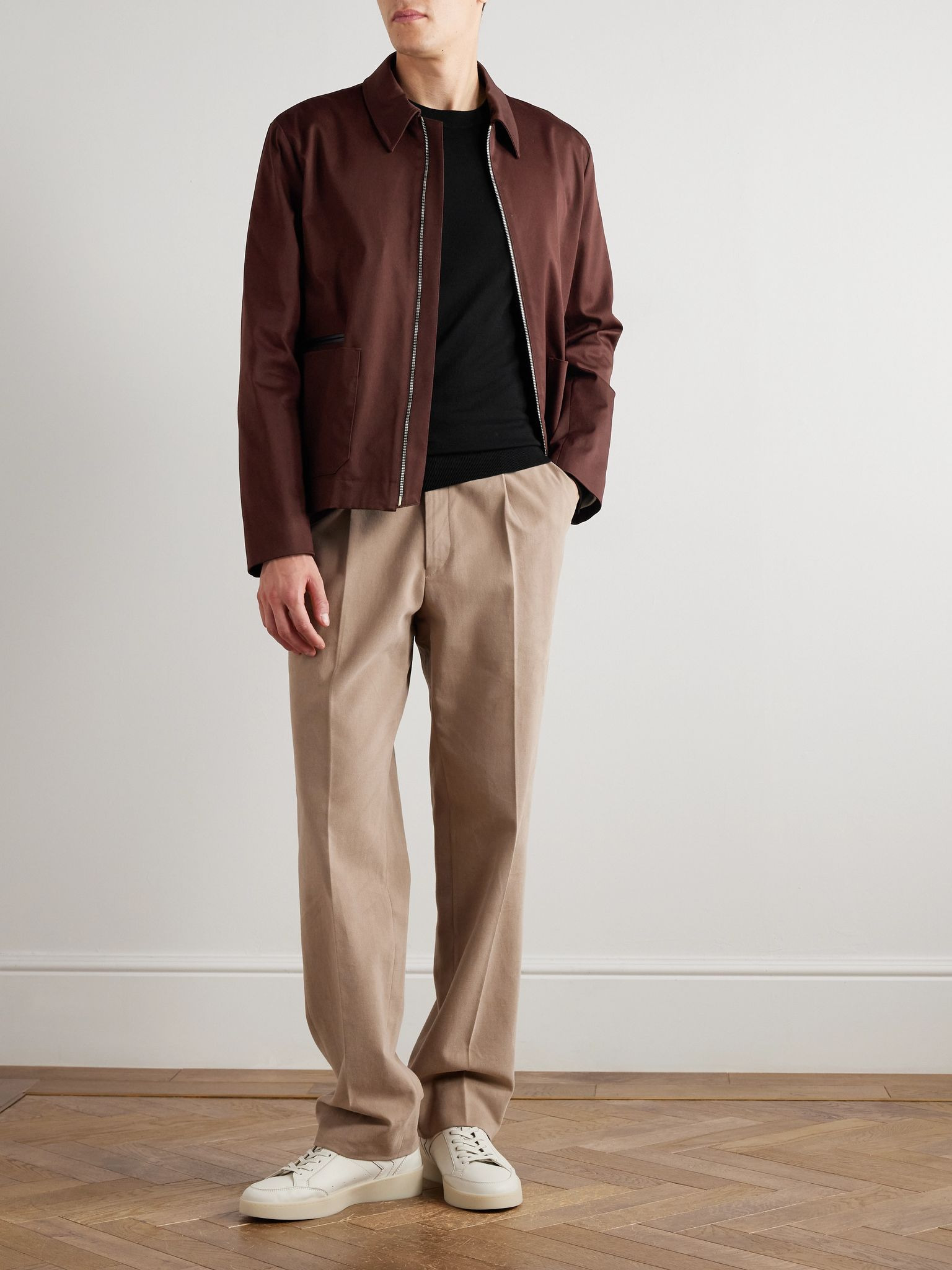 Leather-Trimmed Cotton-Blend Twill Harrington Jacket Merlot - 2