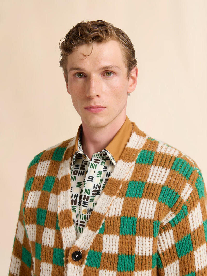 GREEN WOOL AND MOHAIR CARDIGAN WITH CHECKERBOARD MOTIF 4
