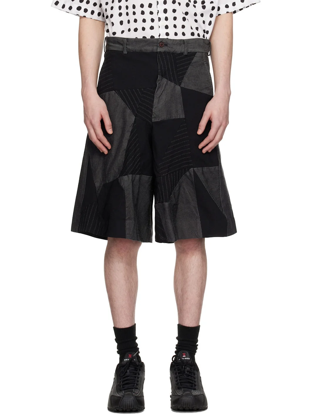 Black Gabardine Patchwork Shorts - 1
