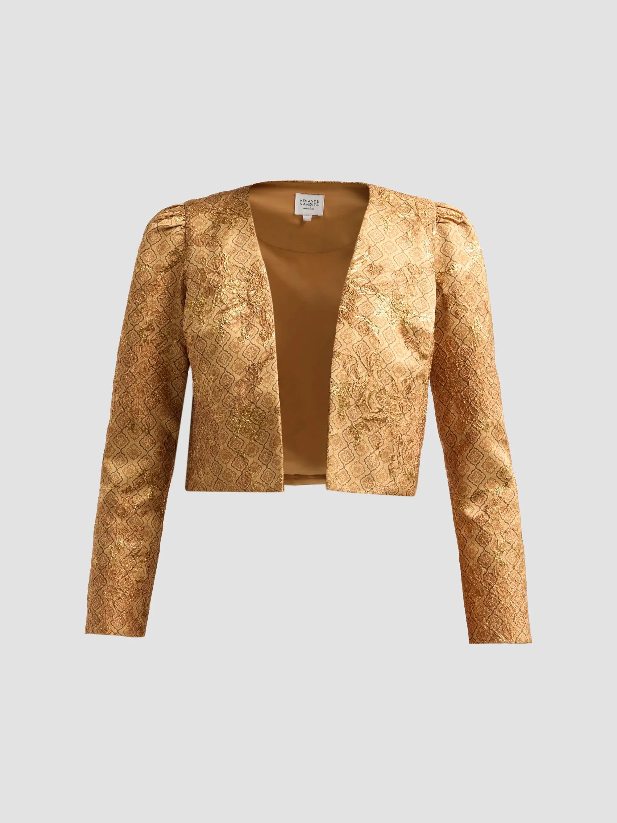 Women's Jacquard Open-Front Crop Jacket - Mustard - 1
