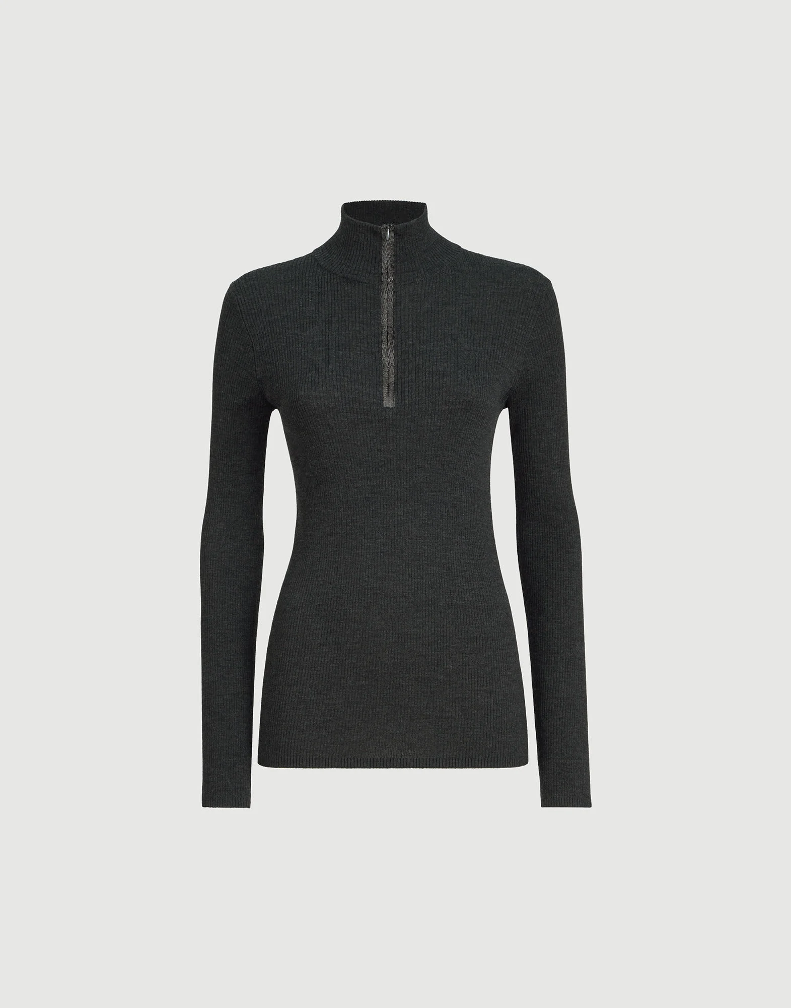 Virgin wool and cashmere lightweight ribbed turtleneck sweater with precious half zip - 1