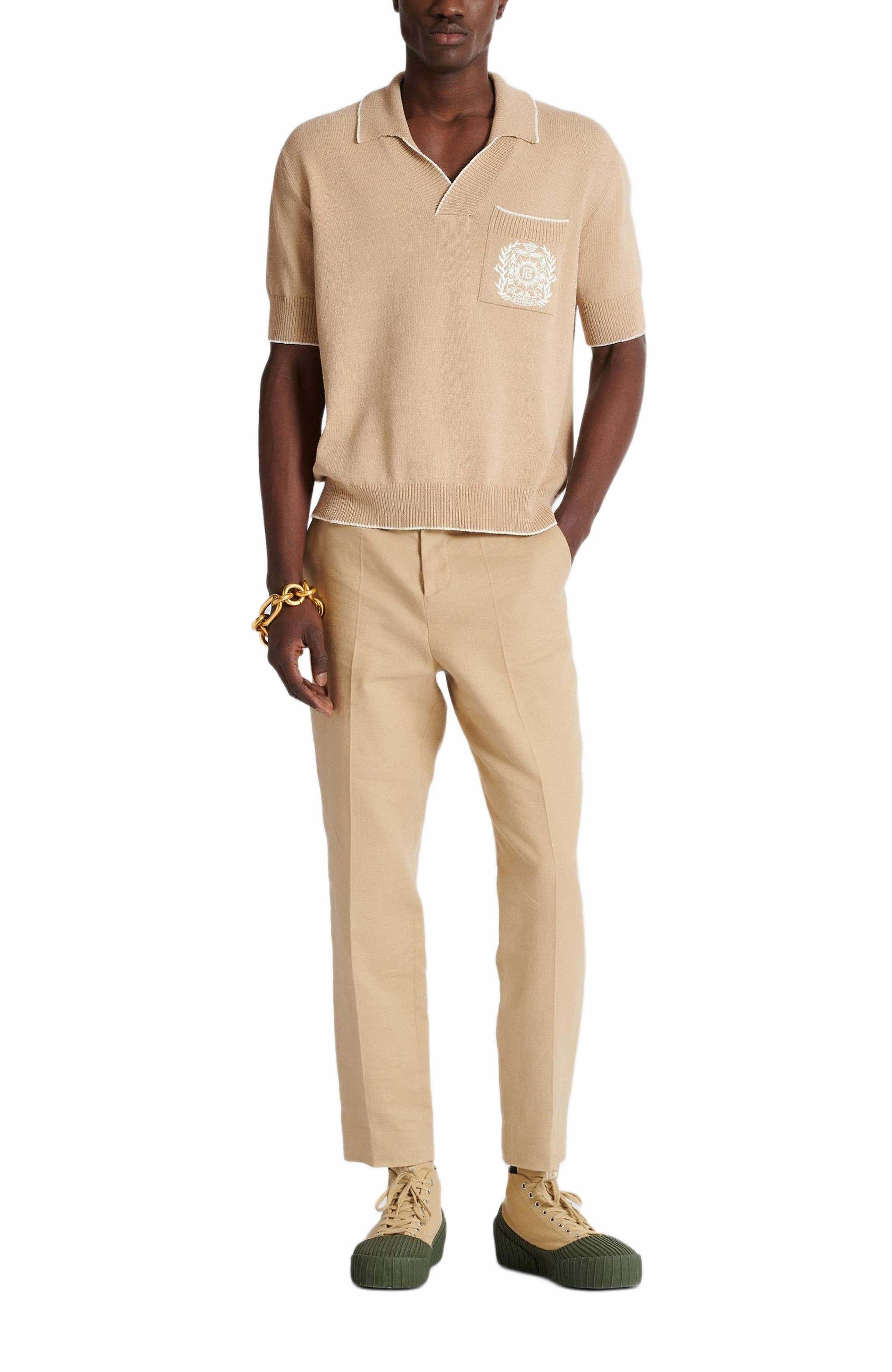 Balmain Écusson embroidered knit polo shirt in Beige at Nordstrom - 3