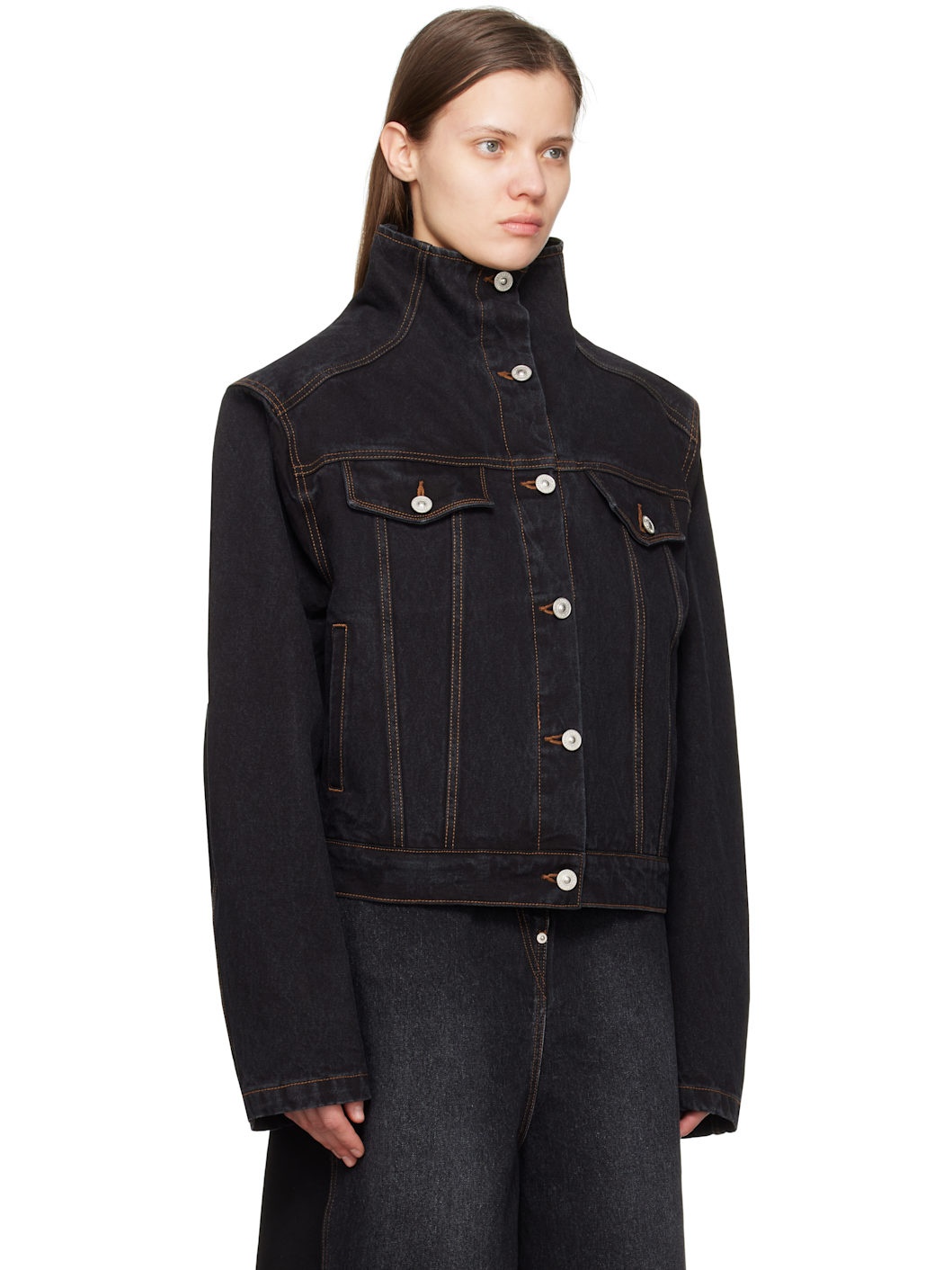 Black High Neck Denim Jacket - 2