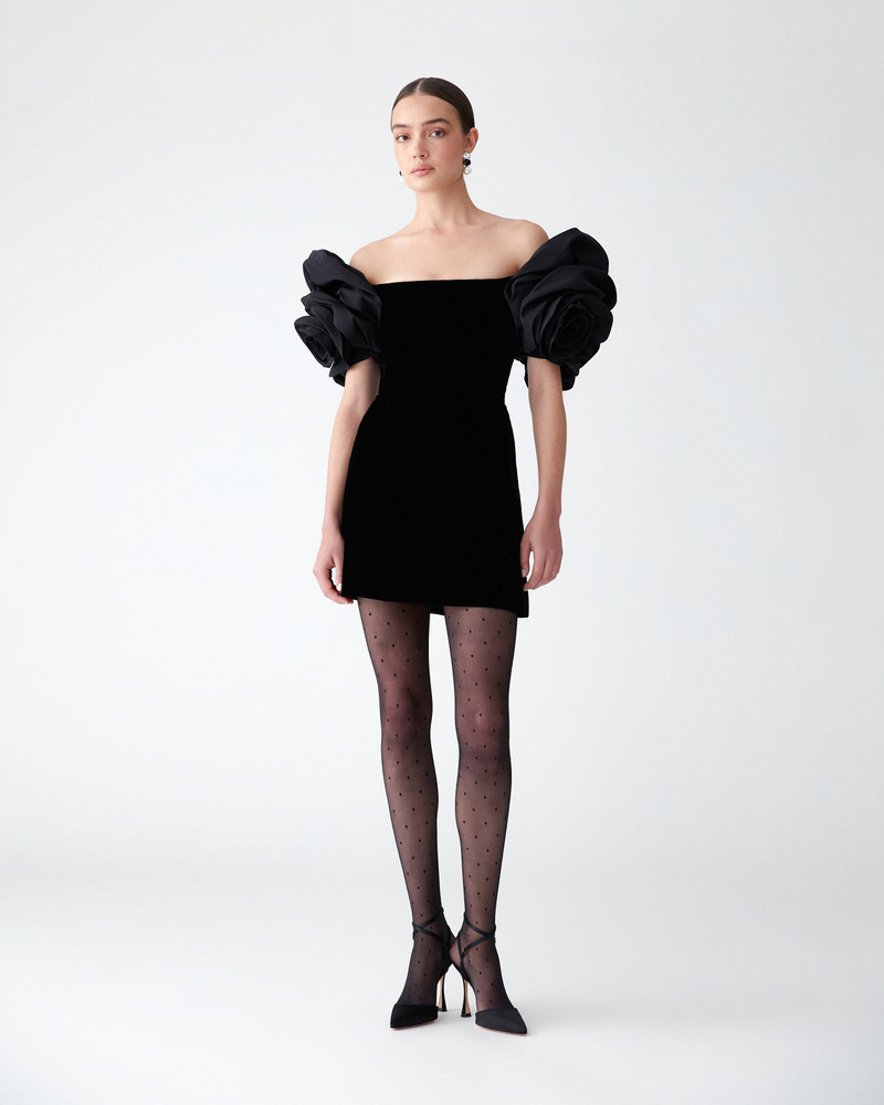 CAROLINA HERRERA Off-Shoulder Velvet Mini Dress with Rosettes outlook