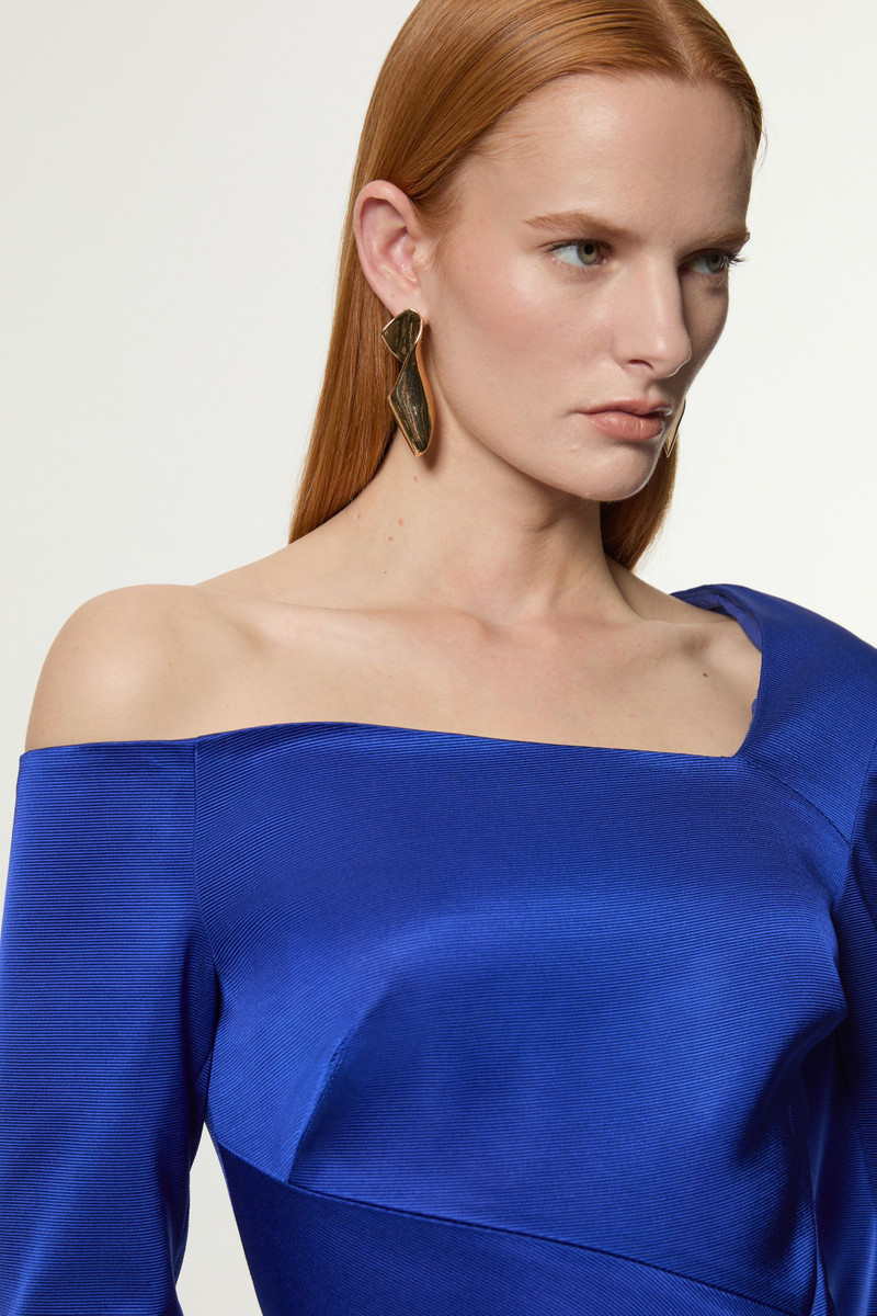 KAREN MILLEN Italian Structured Rib Asymmetric Neckline Draped Tailored Maxi Dress outlook