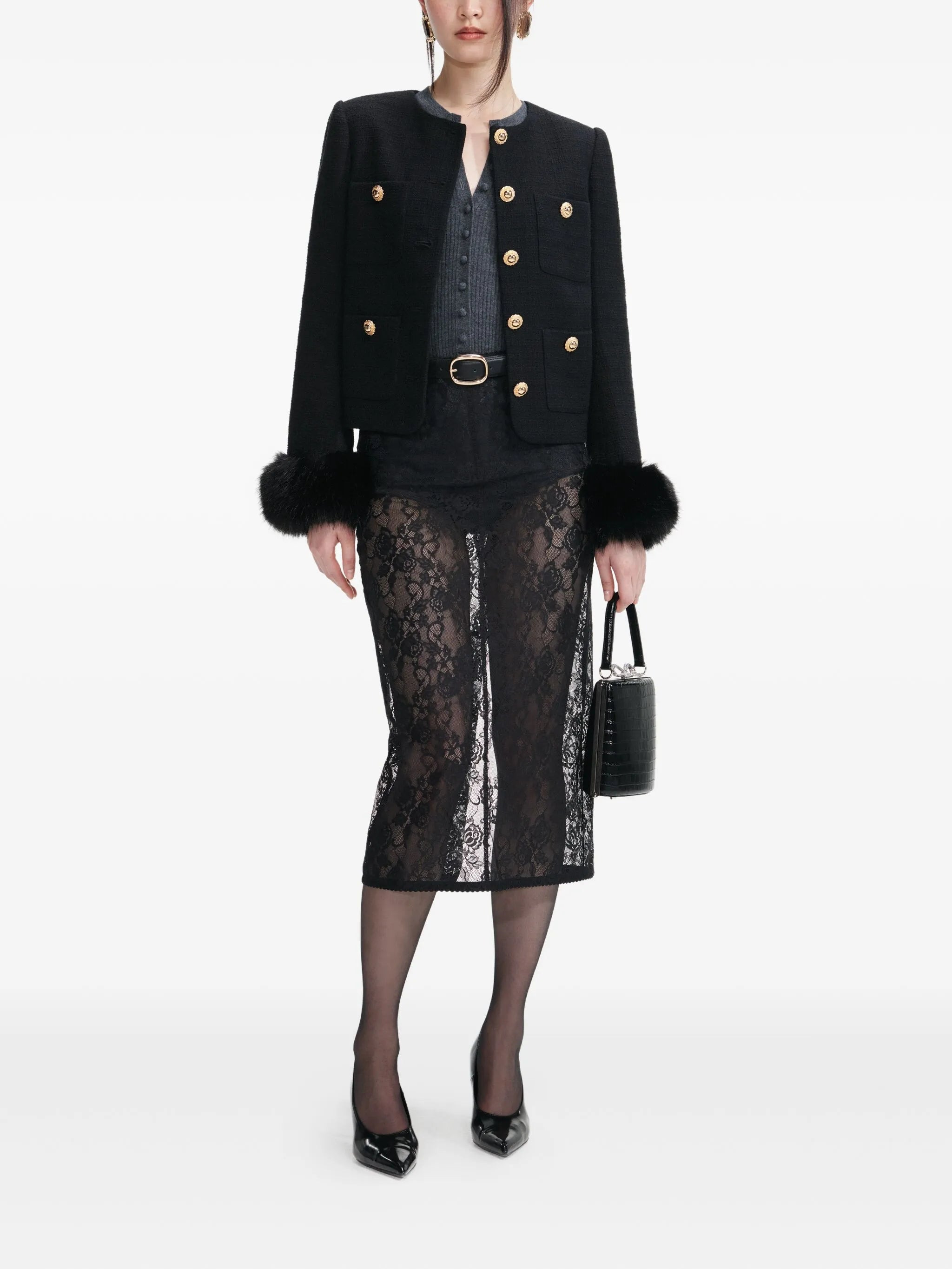 Self-portrait Faux Fur-cuff Buttoned Jacket - 4
