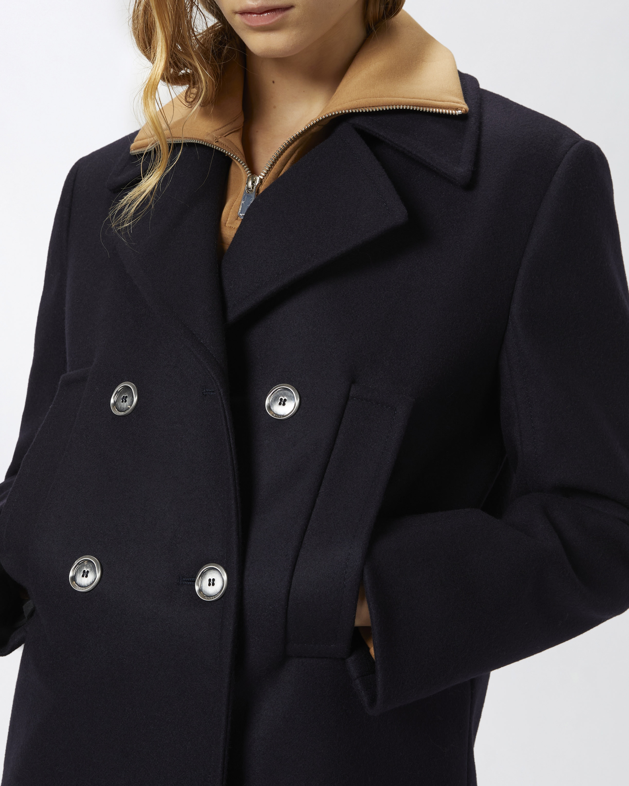 SHORT DOUBLE-BREASTED WOOL-BLEND PEA COAT - 5