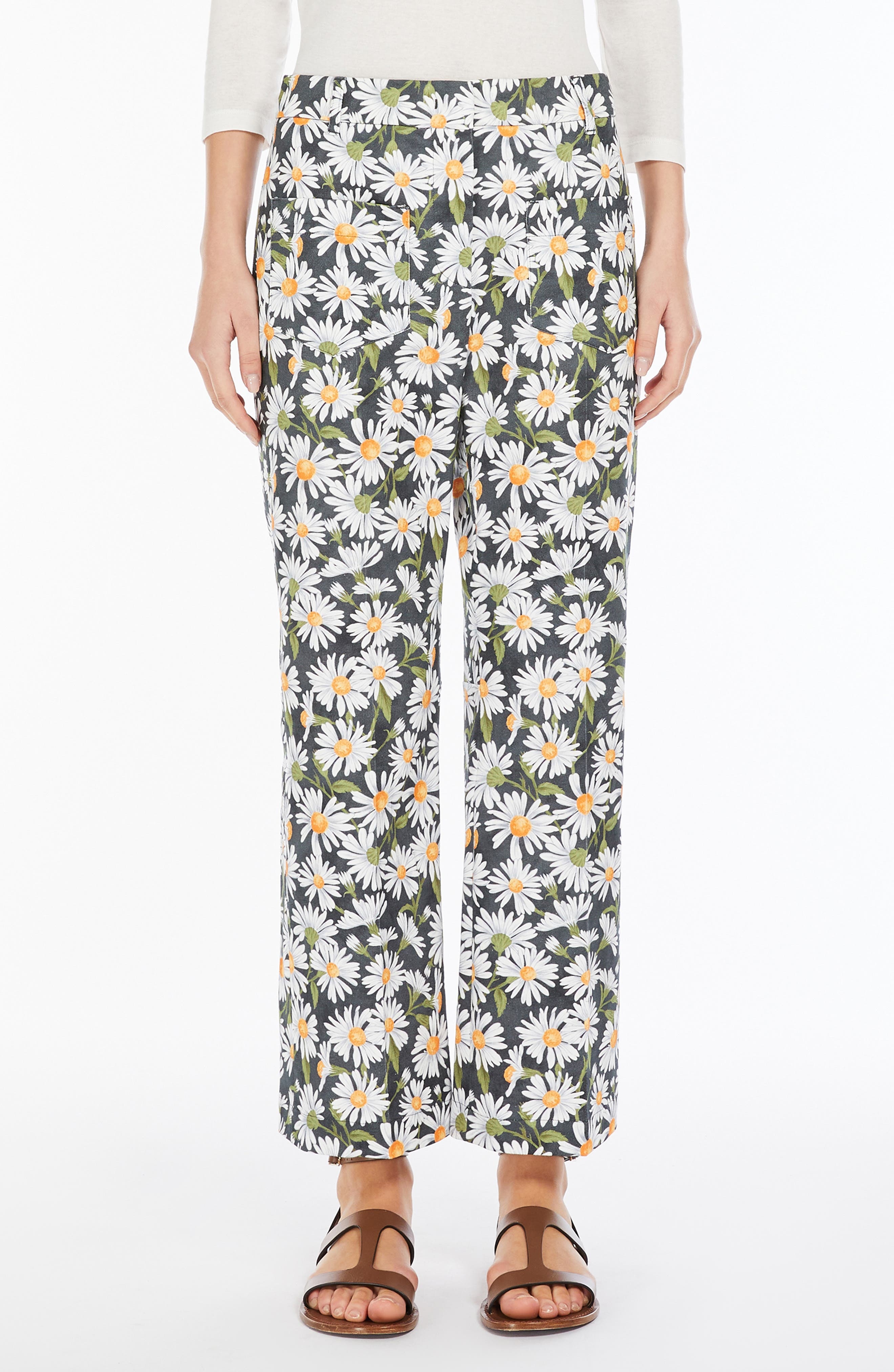 Weekend Max Mara Daisy Print Stretch Cotton Pants in Black at Nordstrom - 1