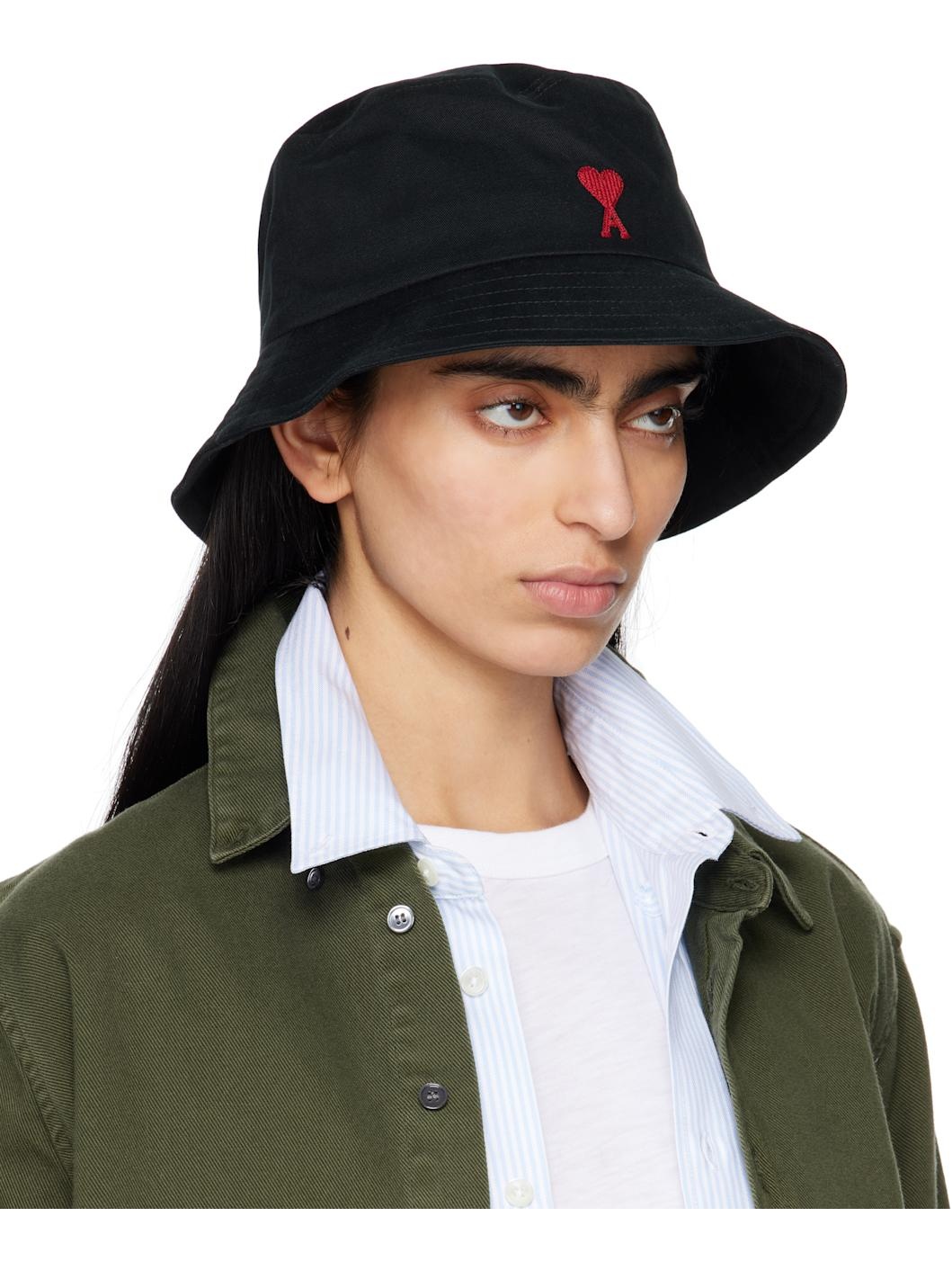 Black Cotton Ami de Coeur Embroidery Bucket Hat - 2