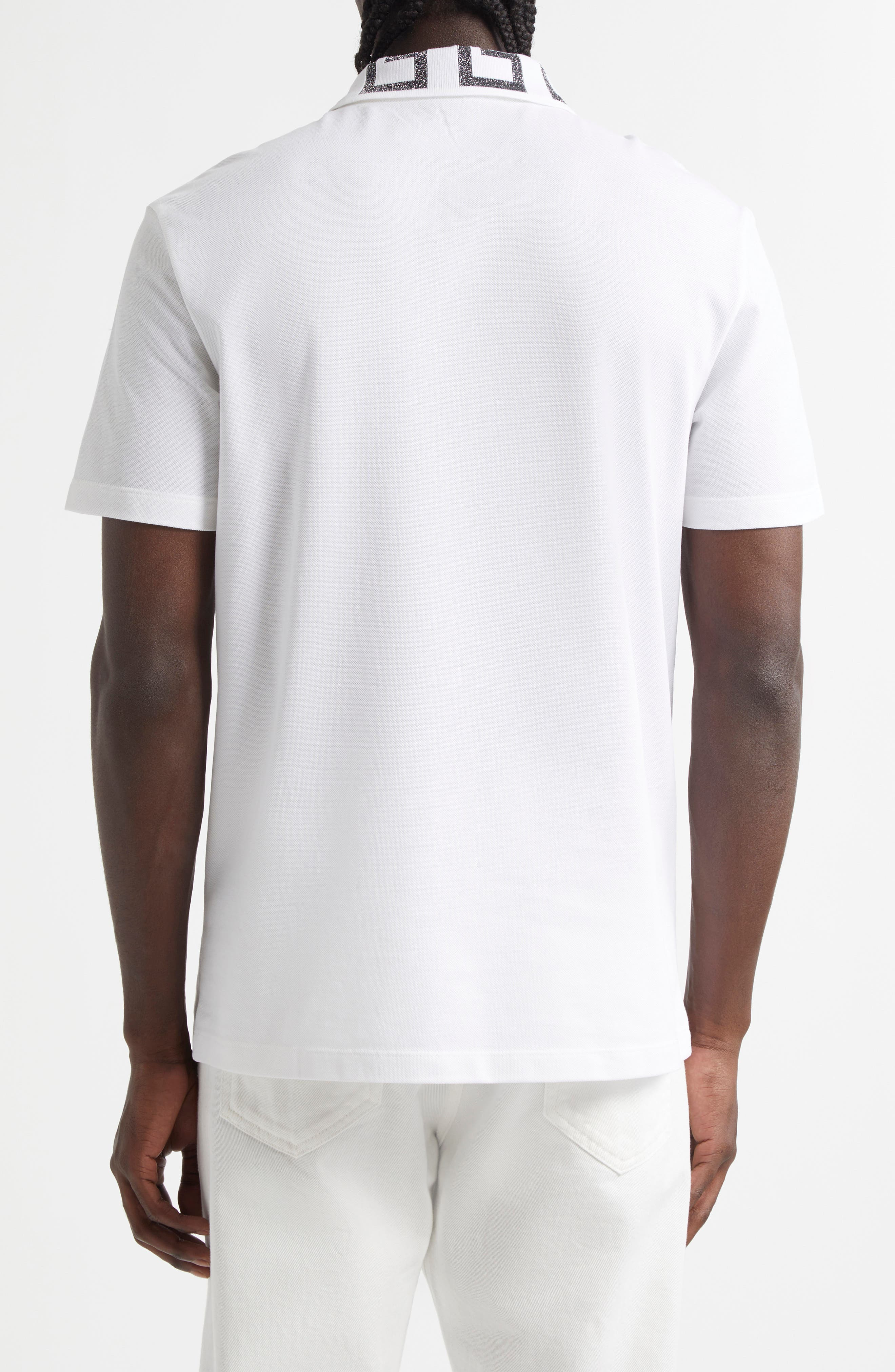 Versace Metallic Greca Collar Piqué Polo in White Antrachite at Nordstrom - 3