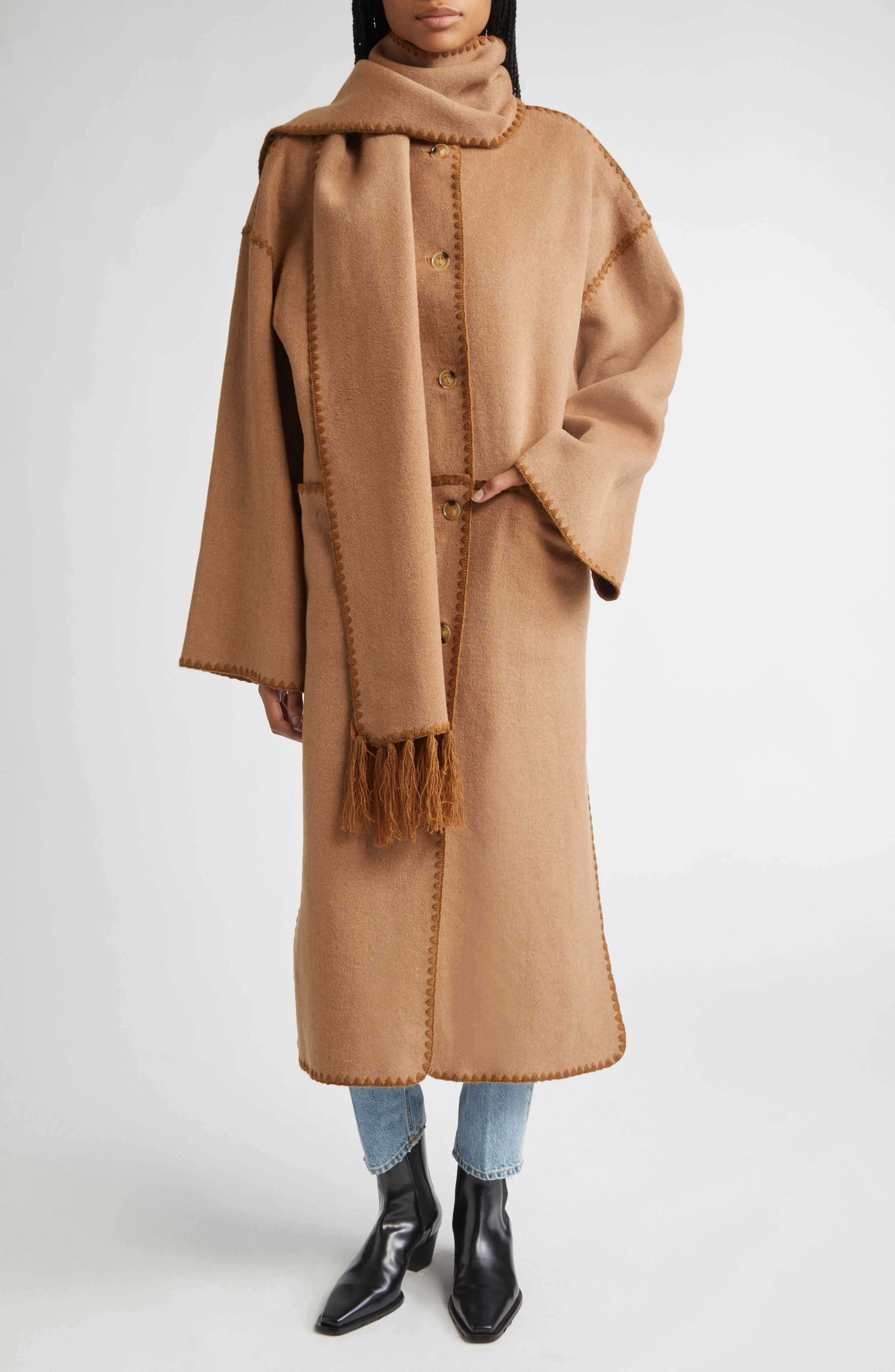 TOTEME Embroidered Scarf Wool Blend Coat in Camel at Nordstrom - 2