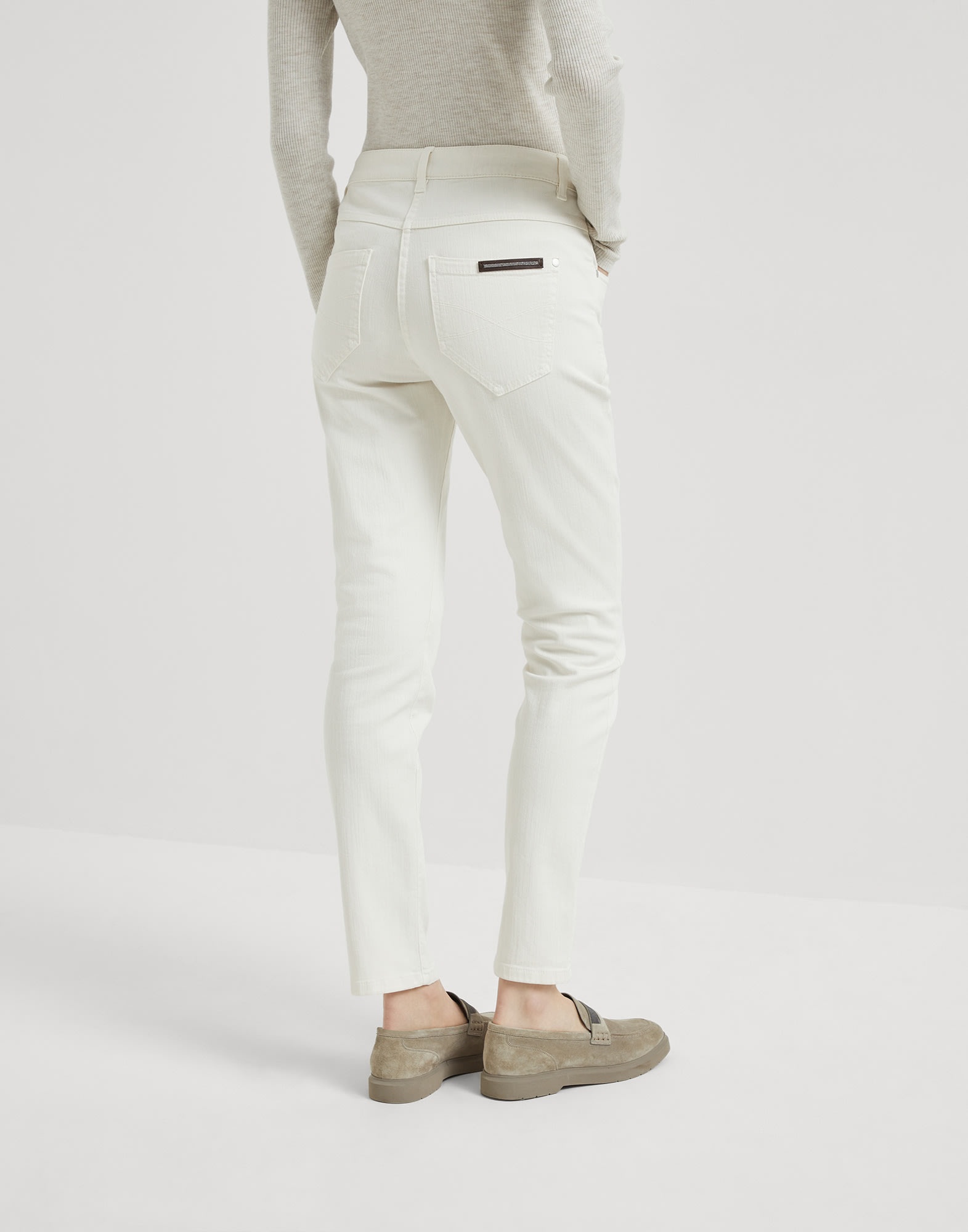 Stretch dyed denim slim trousers with shiny leather tab - 2