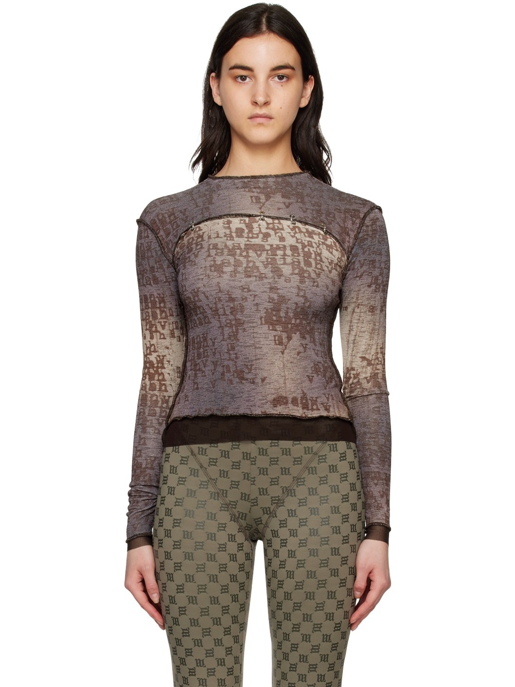 Brown Typewriter Pierced Long Sleeve T-Shirt - 1