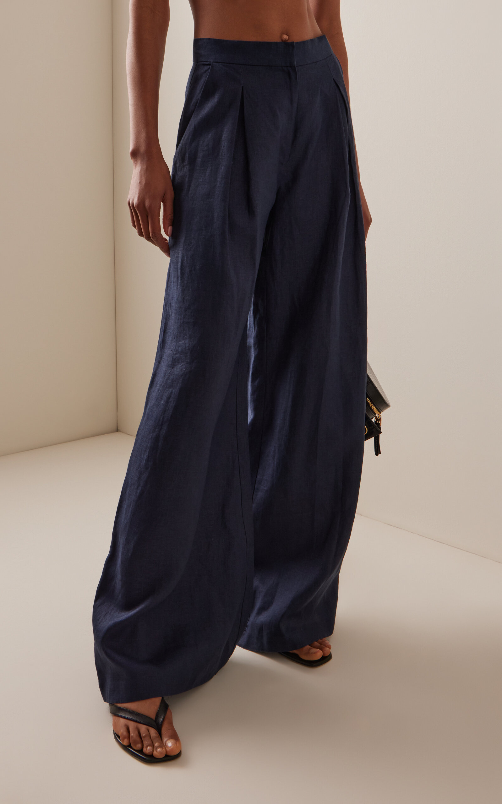 Una Metafora Pleated Linen Flared Pants navy - 3