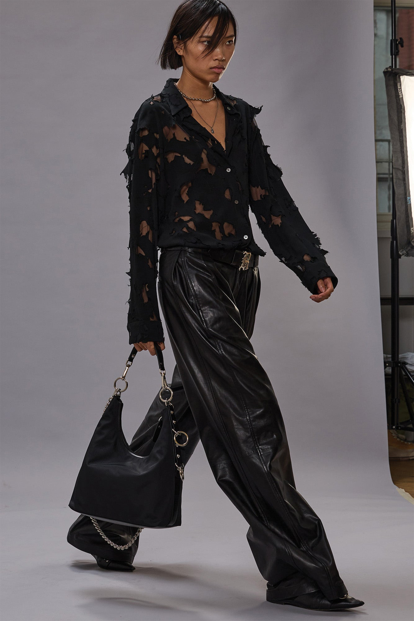 PLEATED WIDE LEG LEATHER PANT - 1
