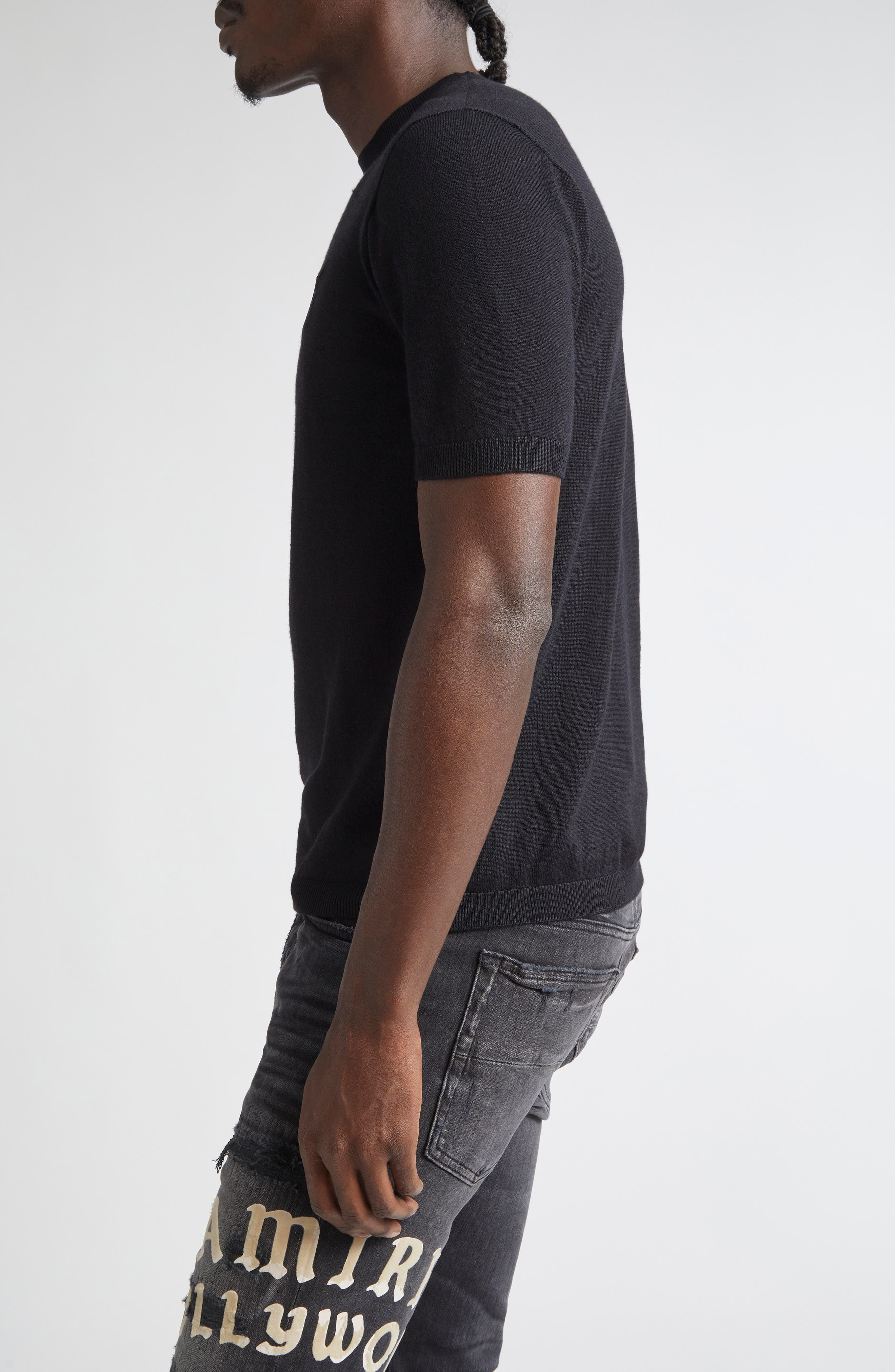 AMIRI MA Monogram Embroidered Short Sleeve Wool & Silk Sweater in Black at Nordstrom - 4