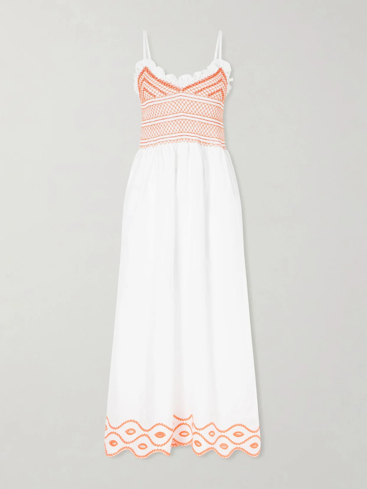 Bianca Ruffled Emrboidered Shirred Cotton-poplin Midi Dress - 1