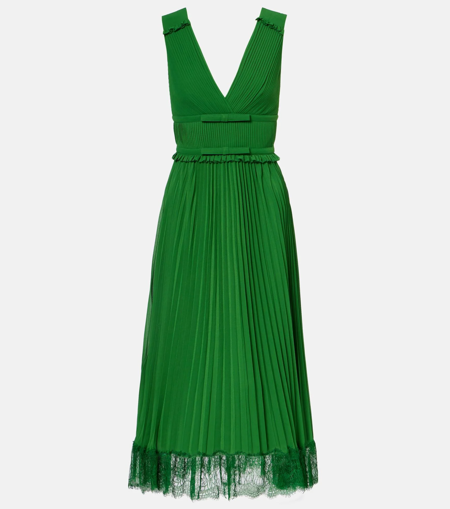 Lace-trimmed plissé chiffon midi dress - 1