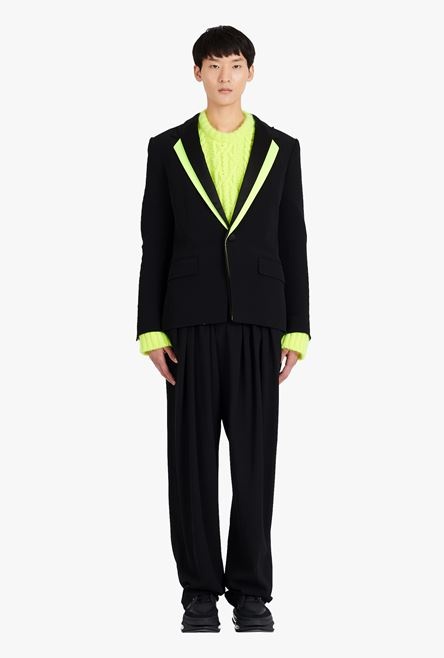 Black satin blazer with neon yellow collar - 4
