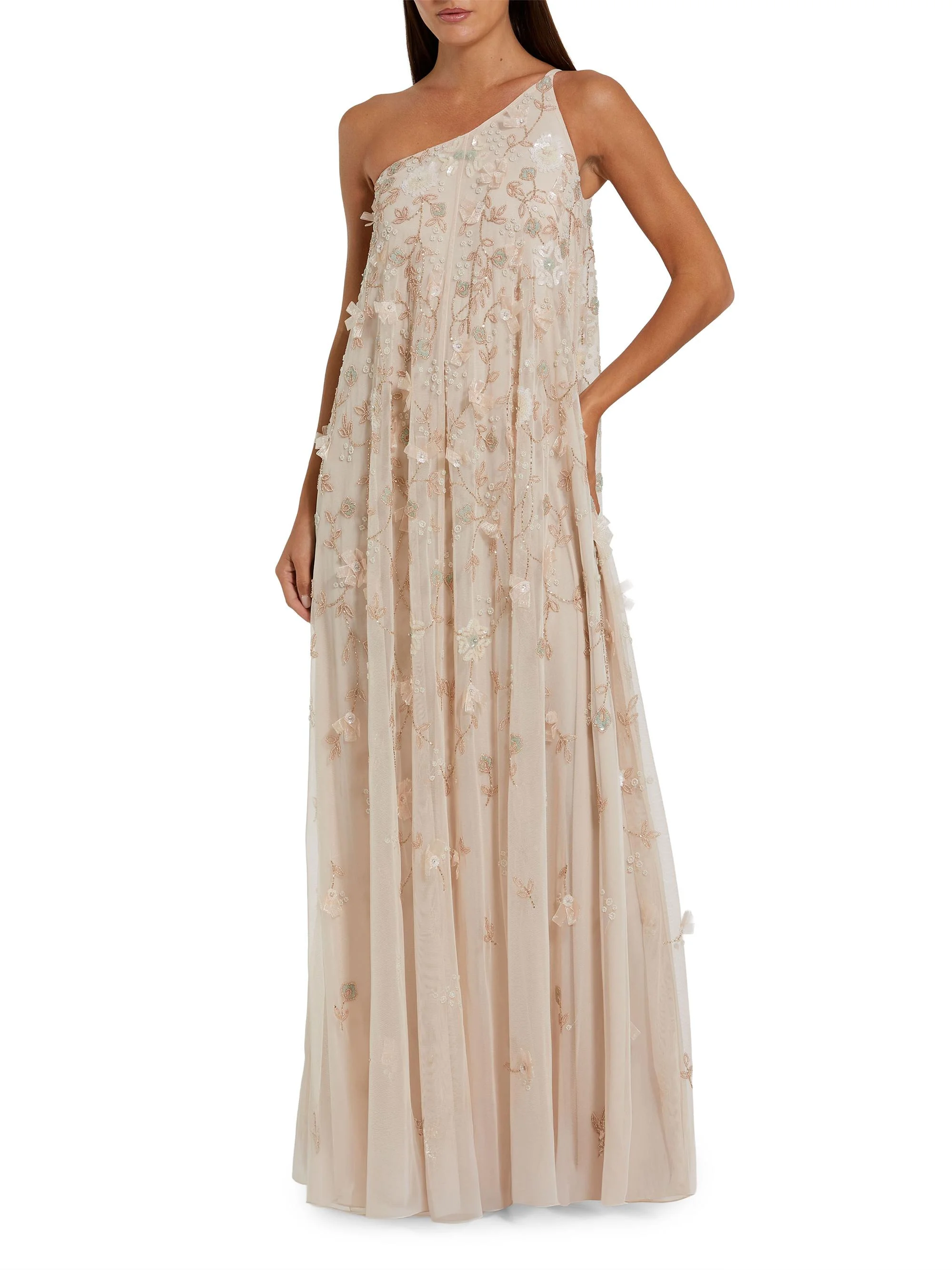 Women's Floral-Embellished Mesh One-Shoulder Gown - Vanilla - 1