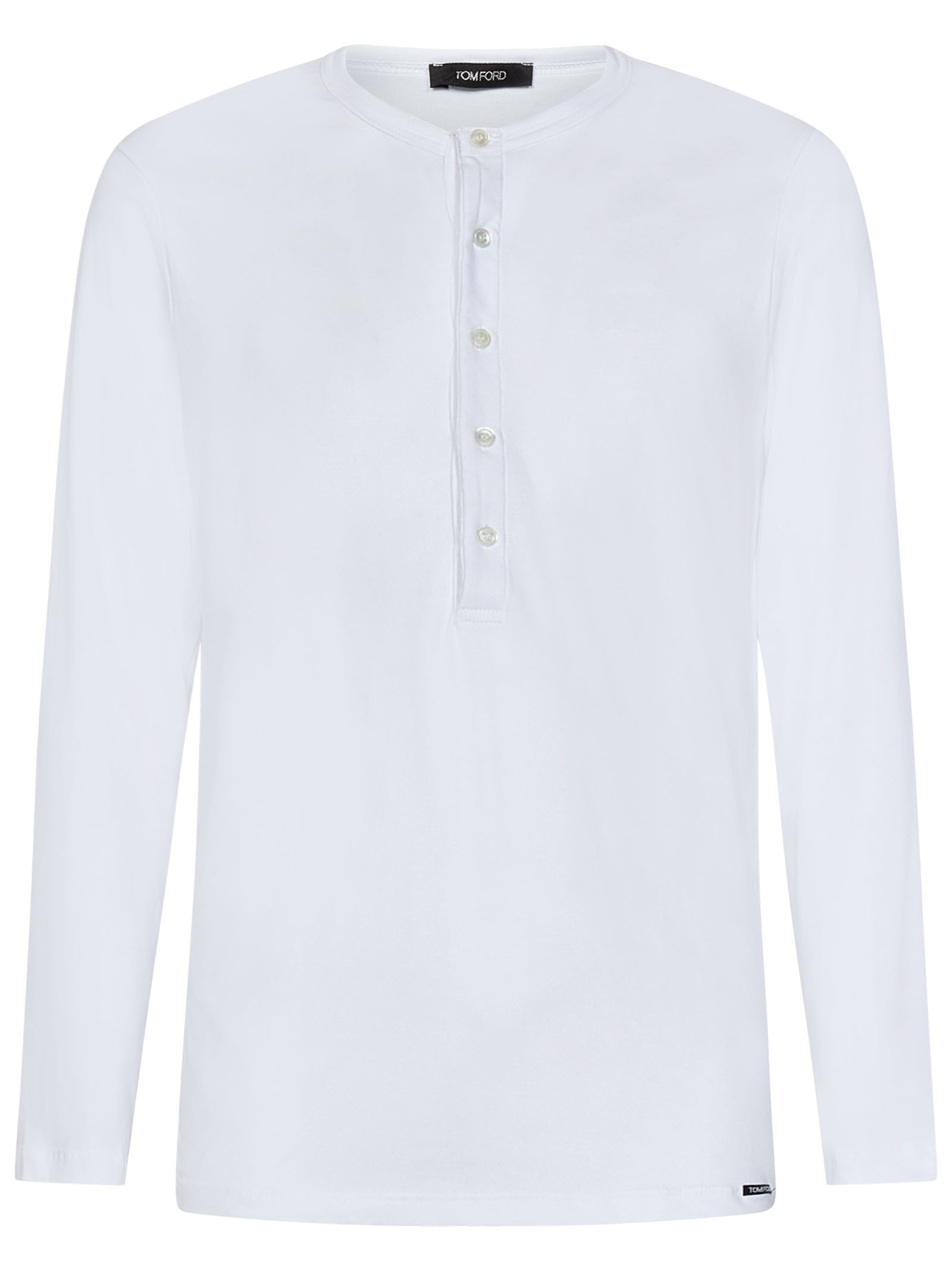 White stretch cotton jersey henley T-shirt with logo label at front. - 1