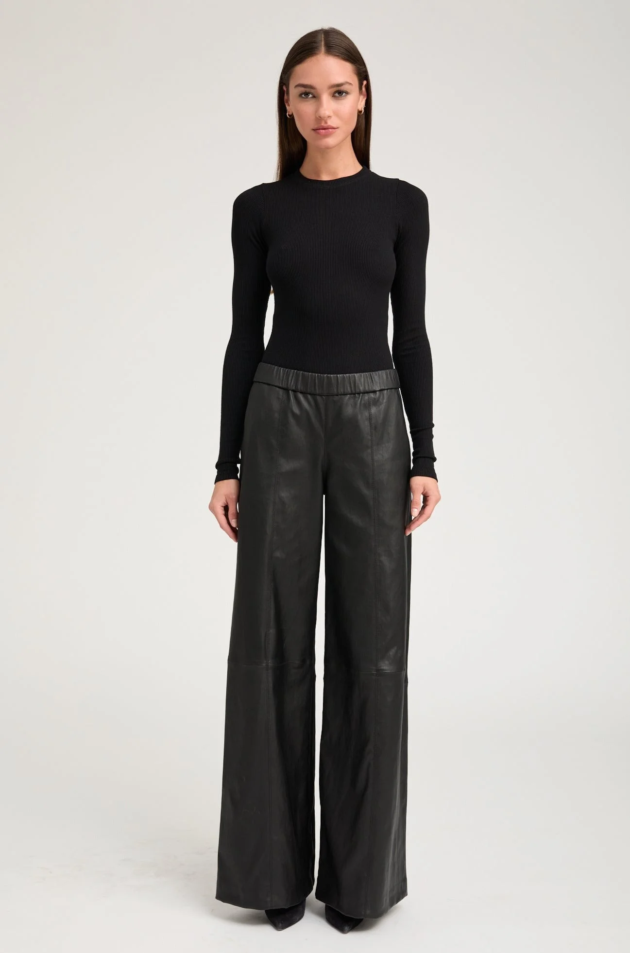 BLACK STRETCH LEATHER WIDE LEG - 1