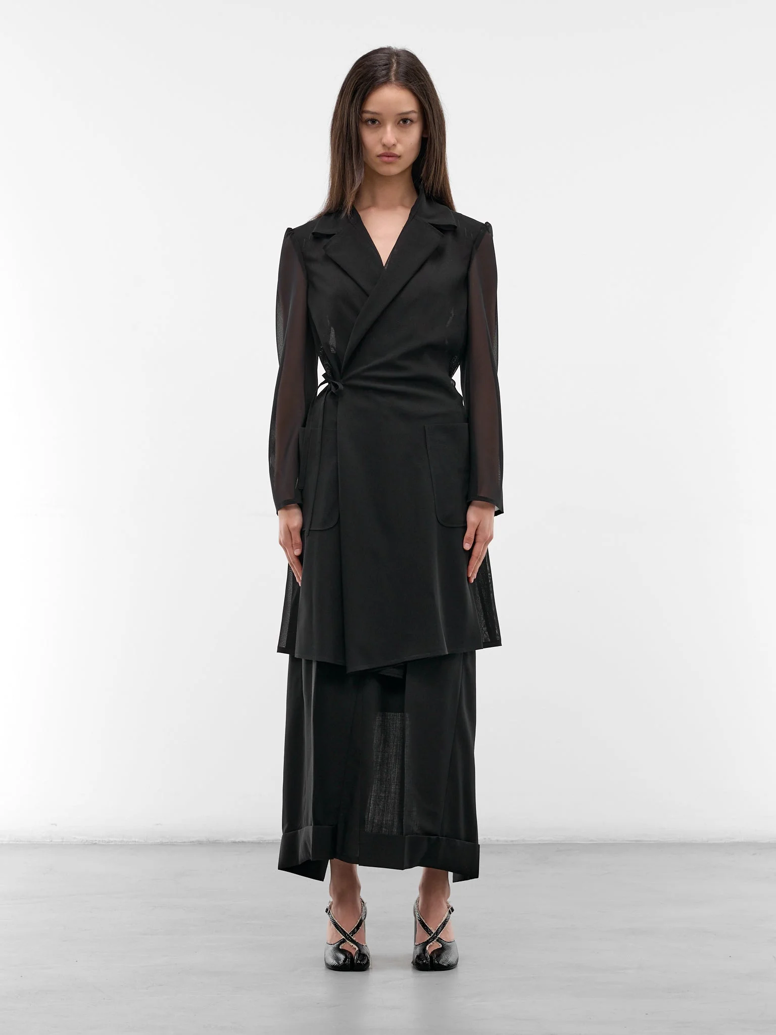 Black Sheer Paneled Wrap Coat - 1