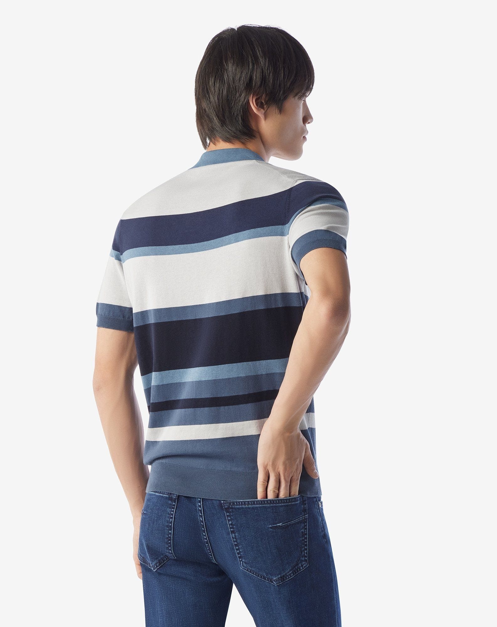 Blue buttonless silk and cotton polo shirt - 3