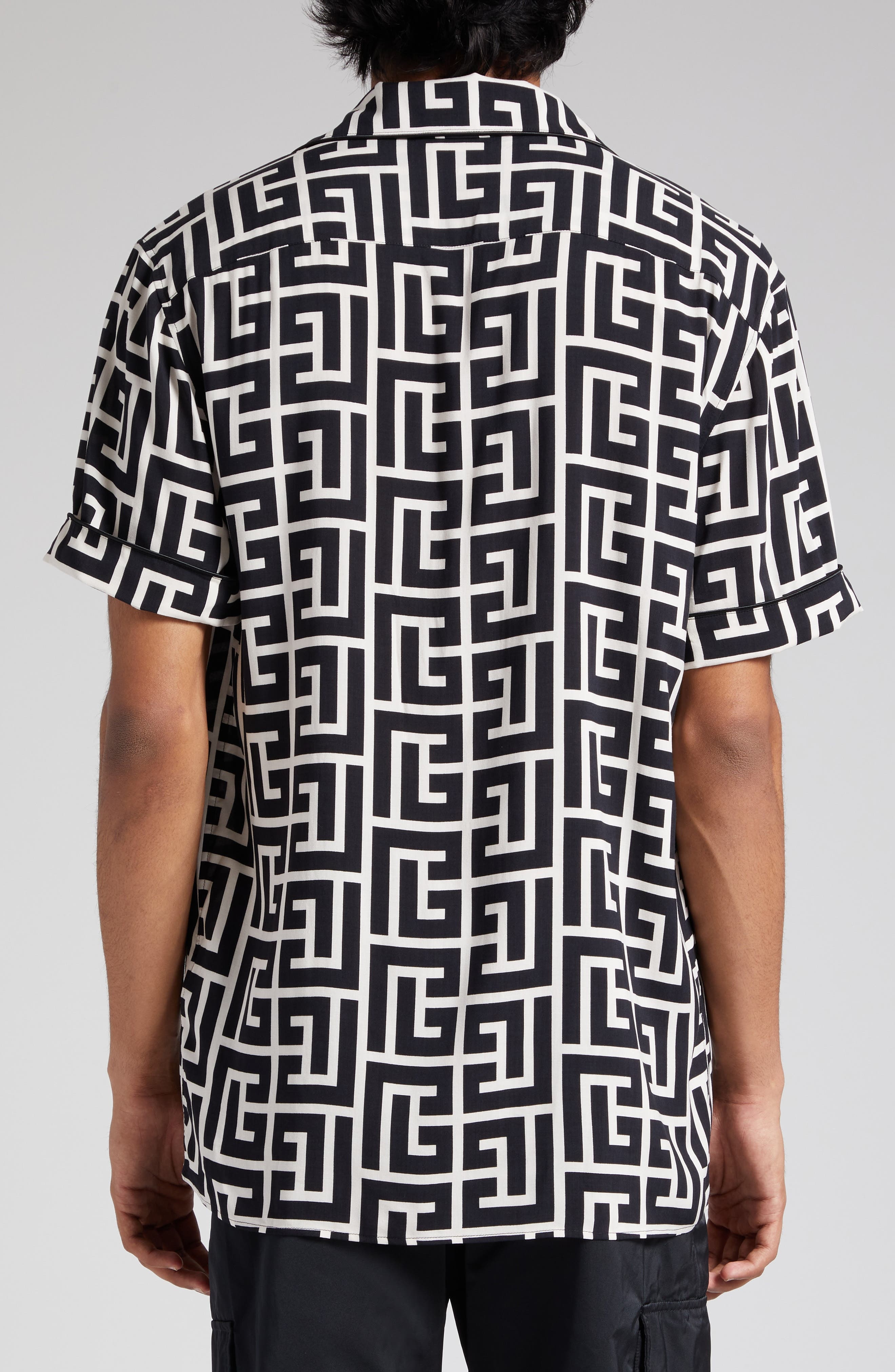 Balmain Macro Monogram Short Sleeve Pajama Shirt in Ivory/Black at Nordstrom - 3