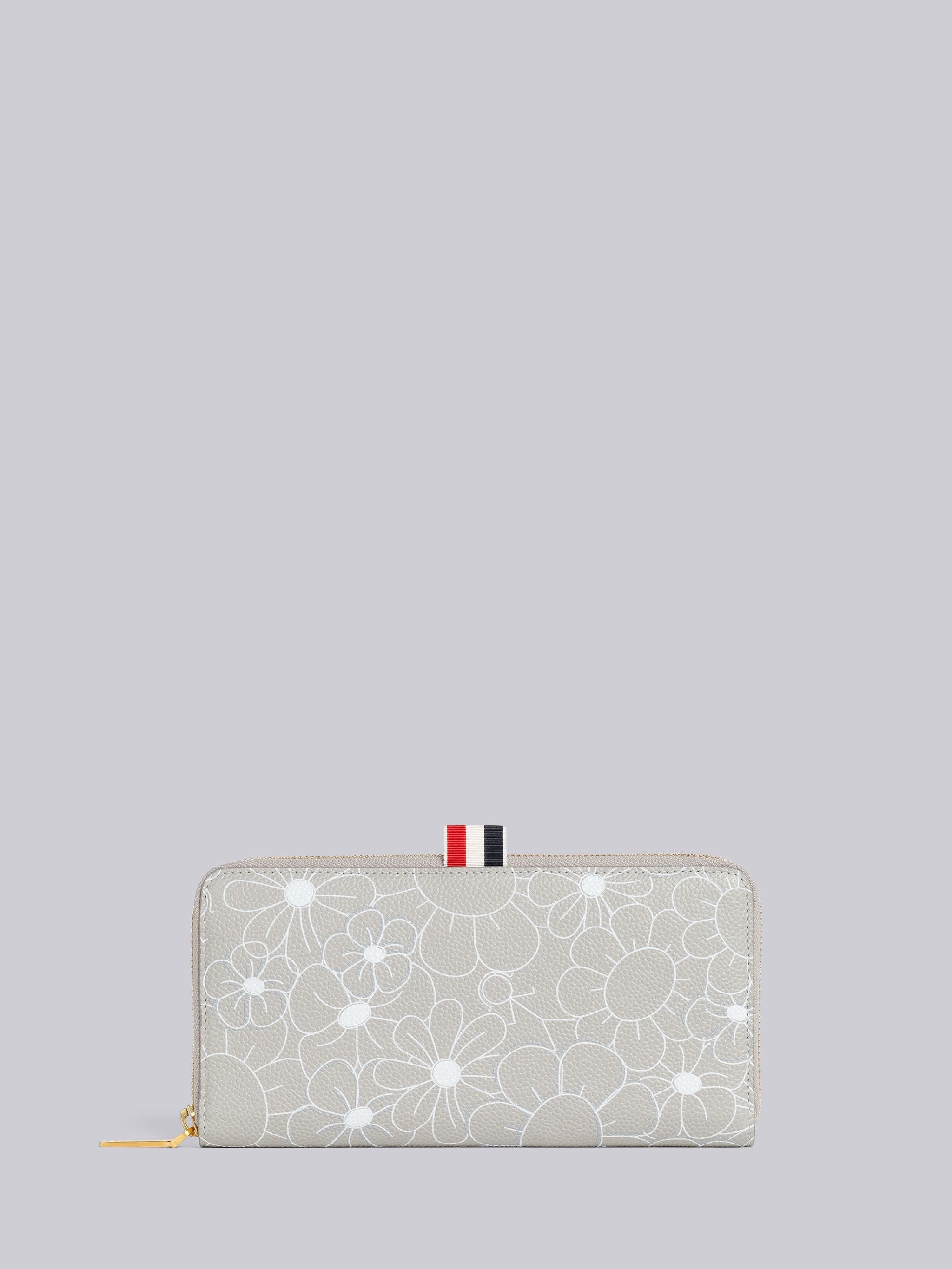 Light Grey 3d Floral Print Pebble Grain Leather Long Zip Wallet - 1
