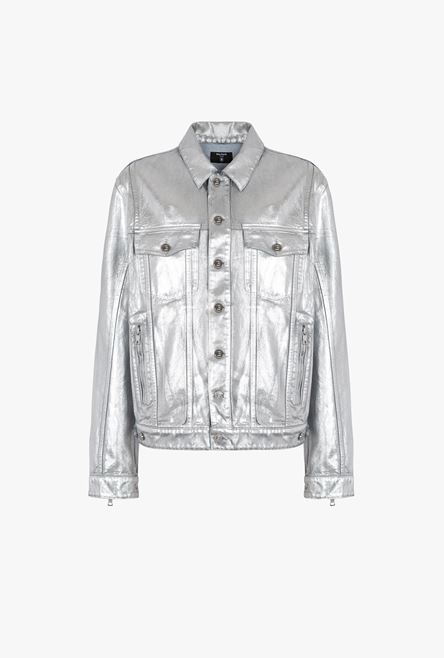 Silvery jean jacket with embossed Balmain logo - 1